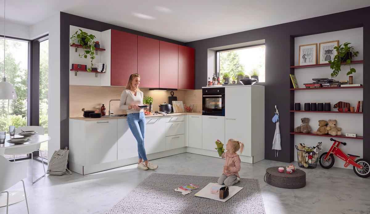 EINBAUKÜCHE FEEL  - Eichefarben/Rot, Design, Holzwerkstoff - Dieter Knoll