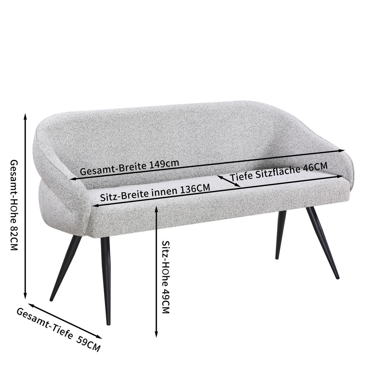 SITZBANK 150/82/62 cm Webstoff Grau, Schwarz  - Schwarz/Grau, MODERN, Textil/Metall (150/82/62cm) - Livetastic