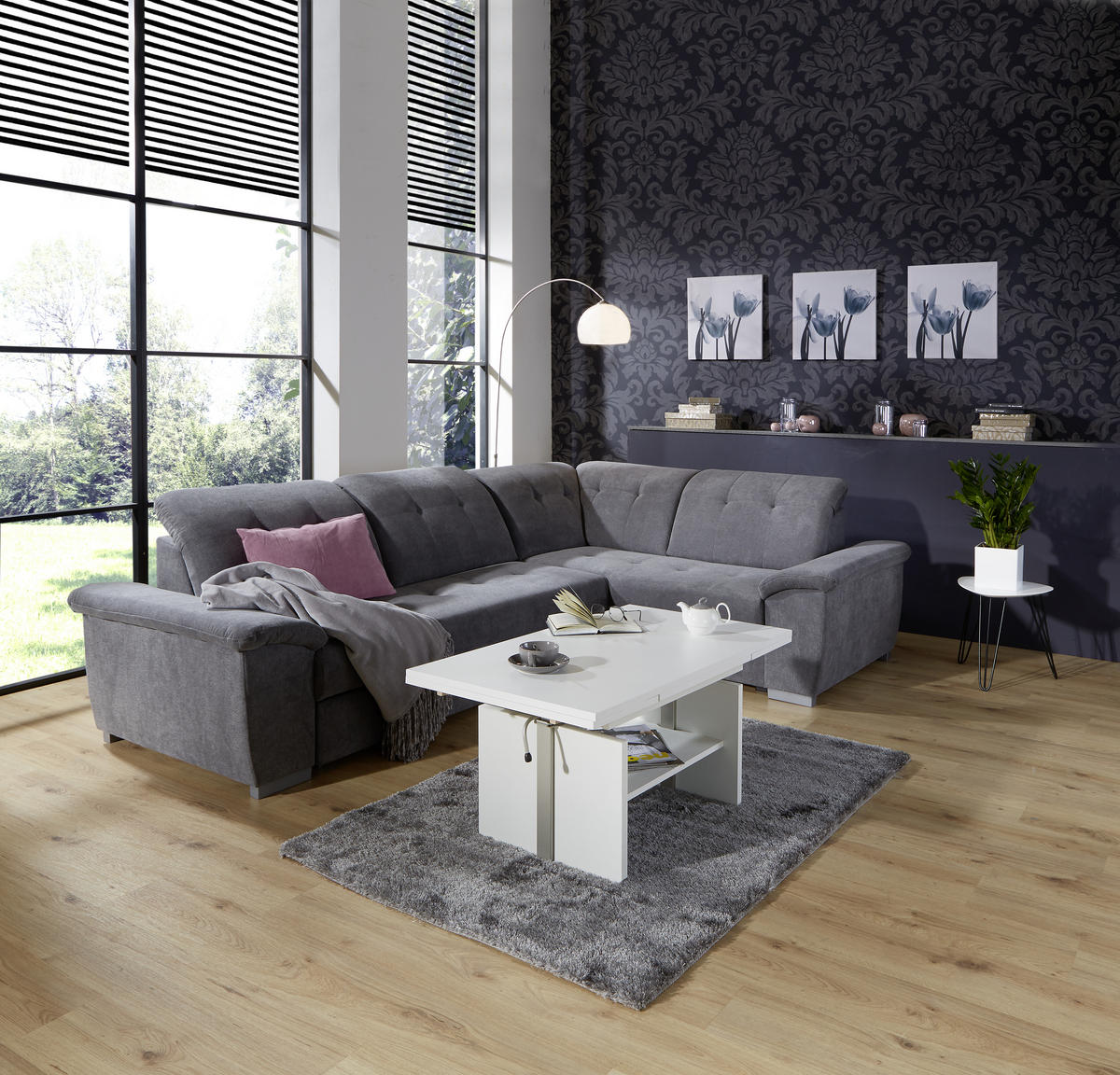 ECKSOFA in Dunkelgrau  - Dunkelgrau/Silberfarben, Design, Kunststoff/Textil (285/206cm) - Livetastic