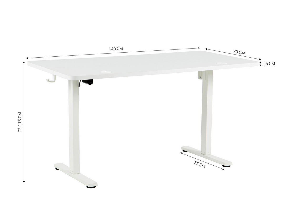 SCHREIBTISCH 140/70/72/118 cm Weiss höhenverstellbar elektrisch höhenverstellbar  - Weiss, Modern, Holzwerkstoff/Metall (140/70/72/118cm) - Livetastic