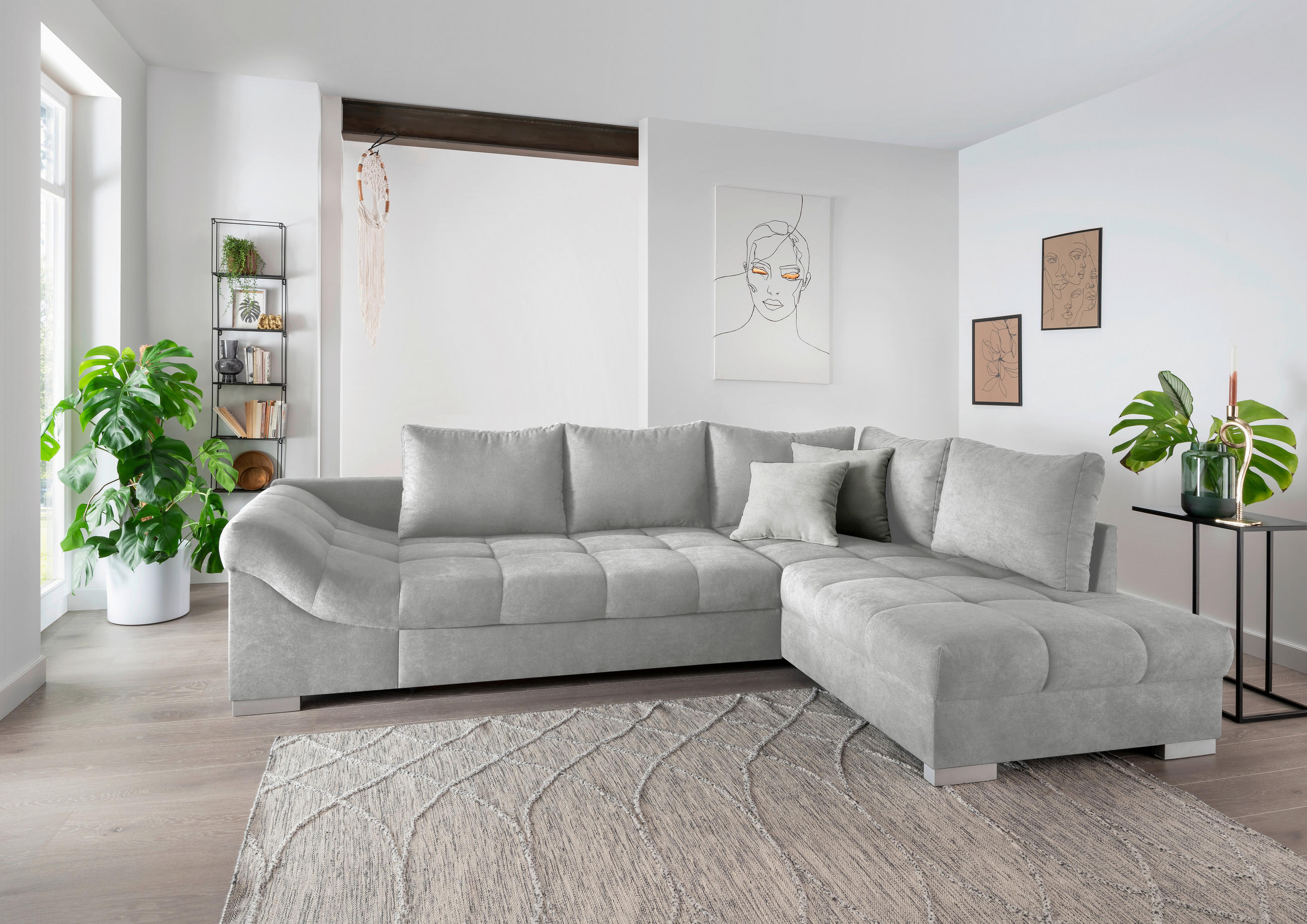 ECKSCHLAFSOFA Silberfarben Mikrofaser  - Silberfarben, Design, Holz/Textil (298/202cm) - MID.YOU