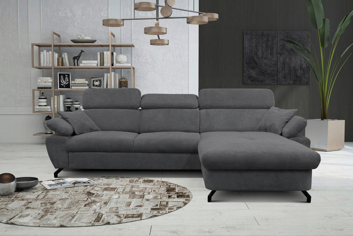 ECKSOFA OMEGA in Chenille Dunkelgrau  280/186 cm  - Dunkelgrau/Schwarz, Design, Textil/Metall (280/186cm) - MID.YOU