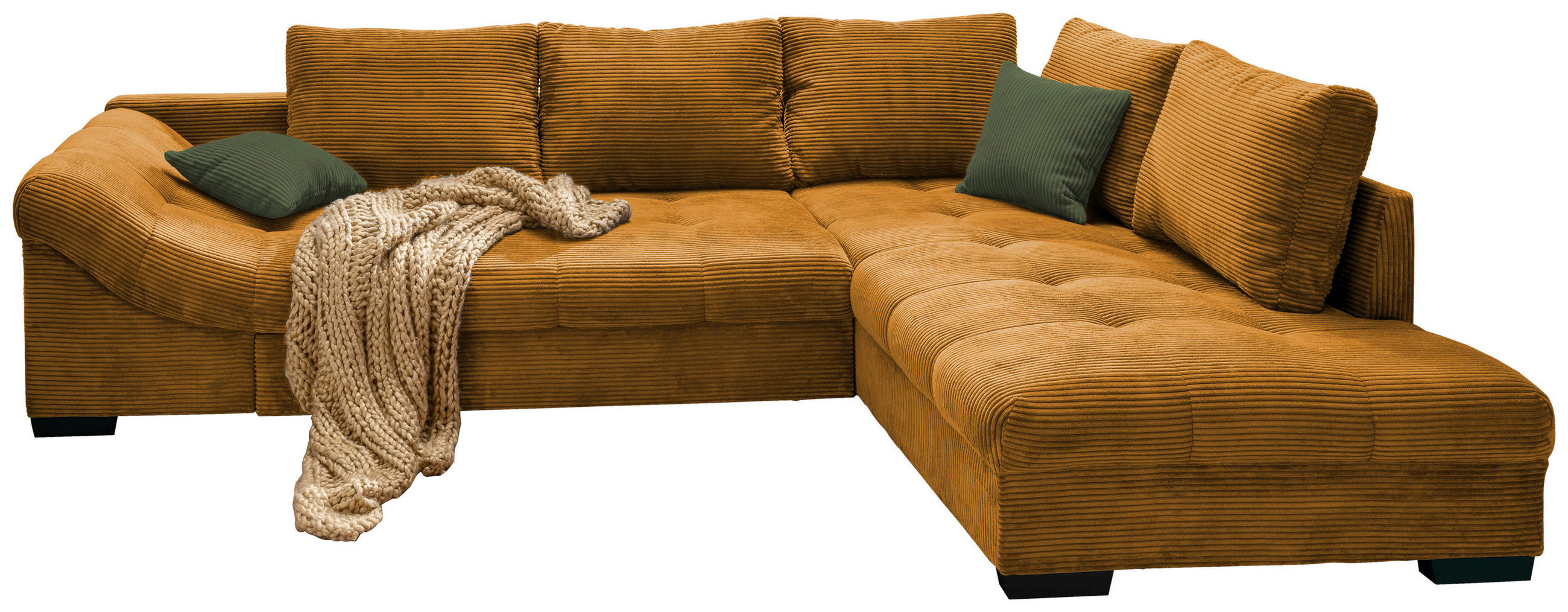 ECKSOFA Cognac Cord  - Dunkelgrün/Cognac, Design, Holz/Textil (298/202cm) - MID.YOU