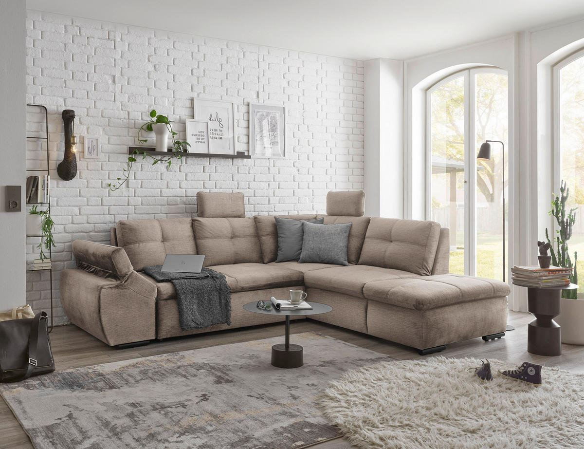 ECKSOFA in Mikrovelours Creme  - Creme/Schwarz, Konventionell, Kunststoff/Textil (265/217cm) - Carryhome