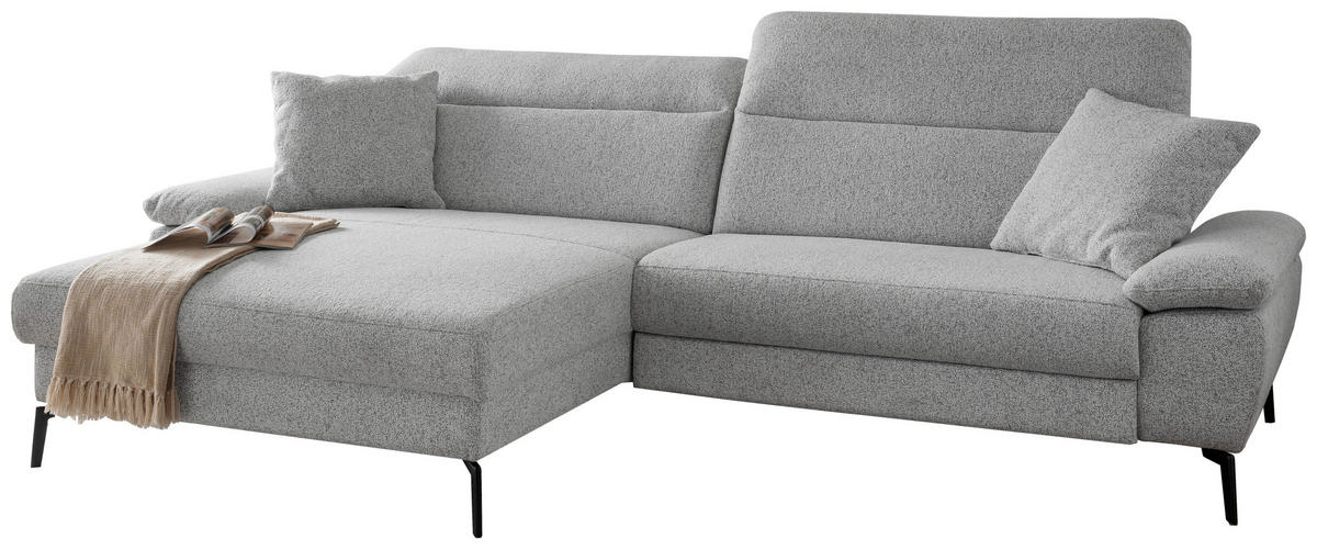 ECKSOFA CANCELLI Hellgrau Struktur Zierkissen, Kopfteilverstellung  - Hellgrau/Schwarz, KONVENTIONELL, Textil/Metall (178/300cm) - Livetastic