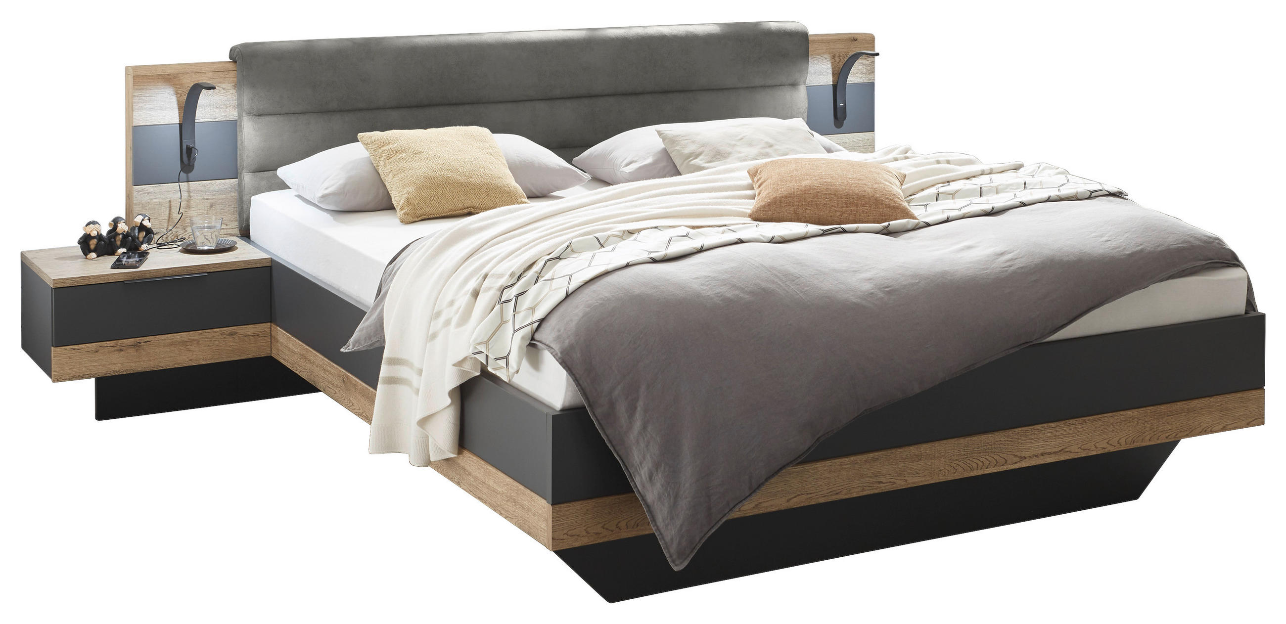 SET KREVETA I NOĆNIH ORMARIĆA 180/200 cm boje grafita, boje hrasta - boje grafita/boje hrasta, Moderno, drvni materijal/tekstil (180/200cm) - Hom`in