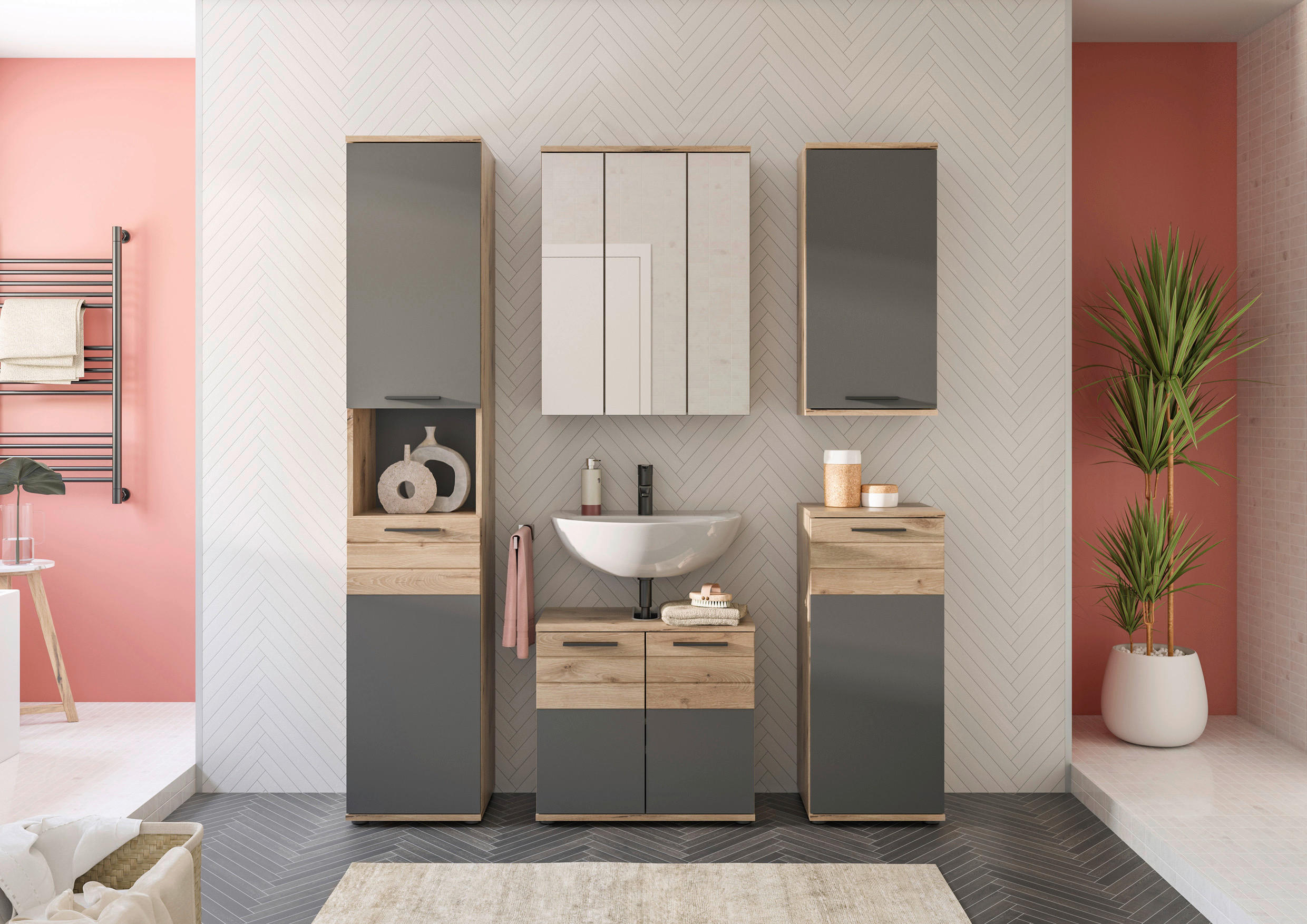 WASCHBECKENUNTERSCHRANK 60/56/34 cm  - Eichefarben/Schwarz, MODERN, Holzwerkstoff/Kunststoff (60/56/34cm) - MID.YOU