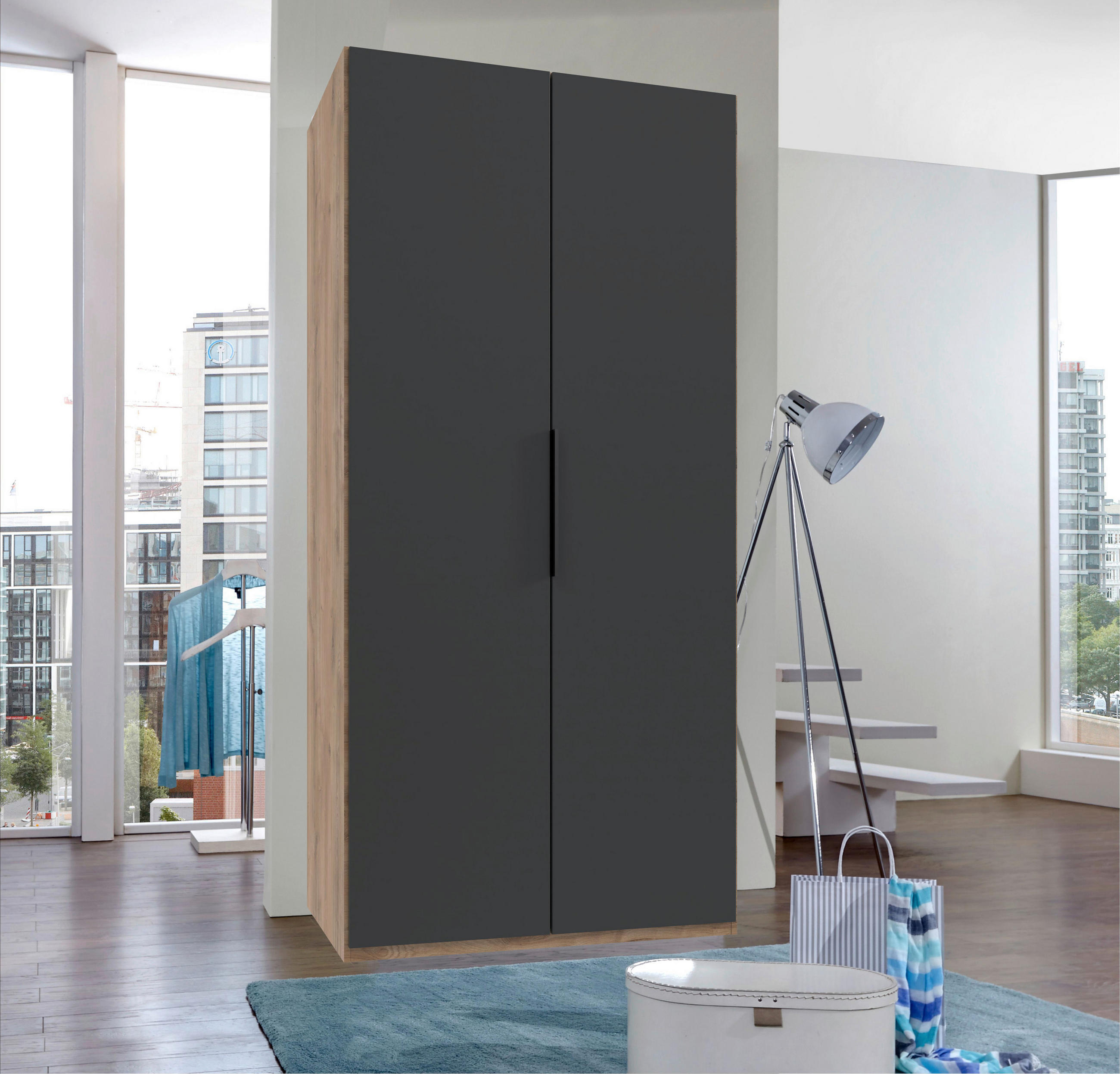 DREHTÜRENSCHRANK Graphitfarben, Plankeneiche  - Chromfarben/Plankeneiche, Modern, Holzwerkstoff (100/216/58cm) - MID.YOU