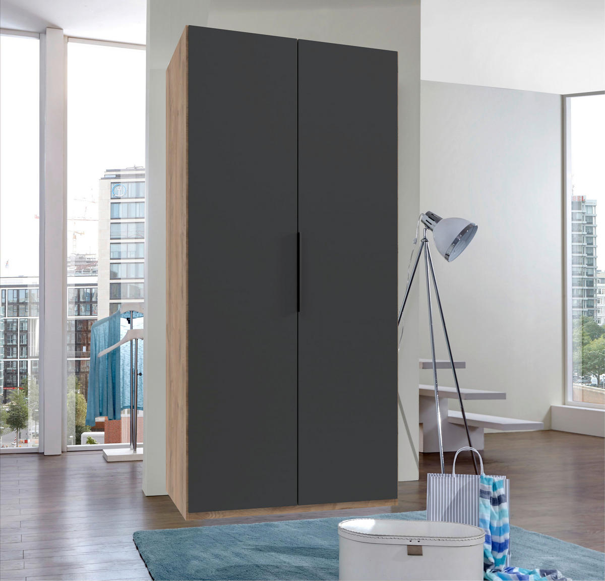 DREHTÜRENSCHRANK Graphitfarben, Plankeneiche  - Chromfarben/Plankeneiche, Modern, Holzwerkstoff (100/216/58cm) - MID.YOU