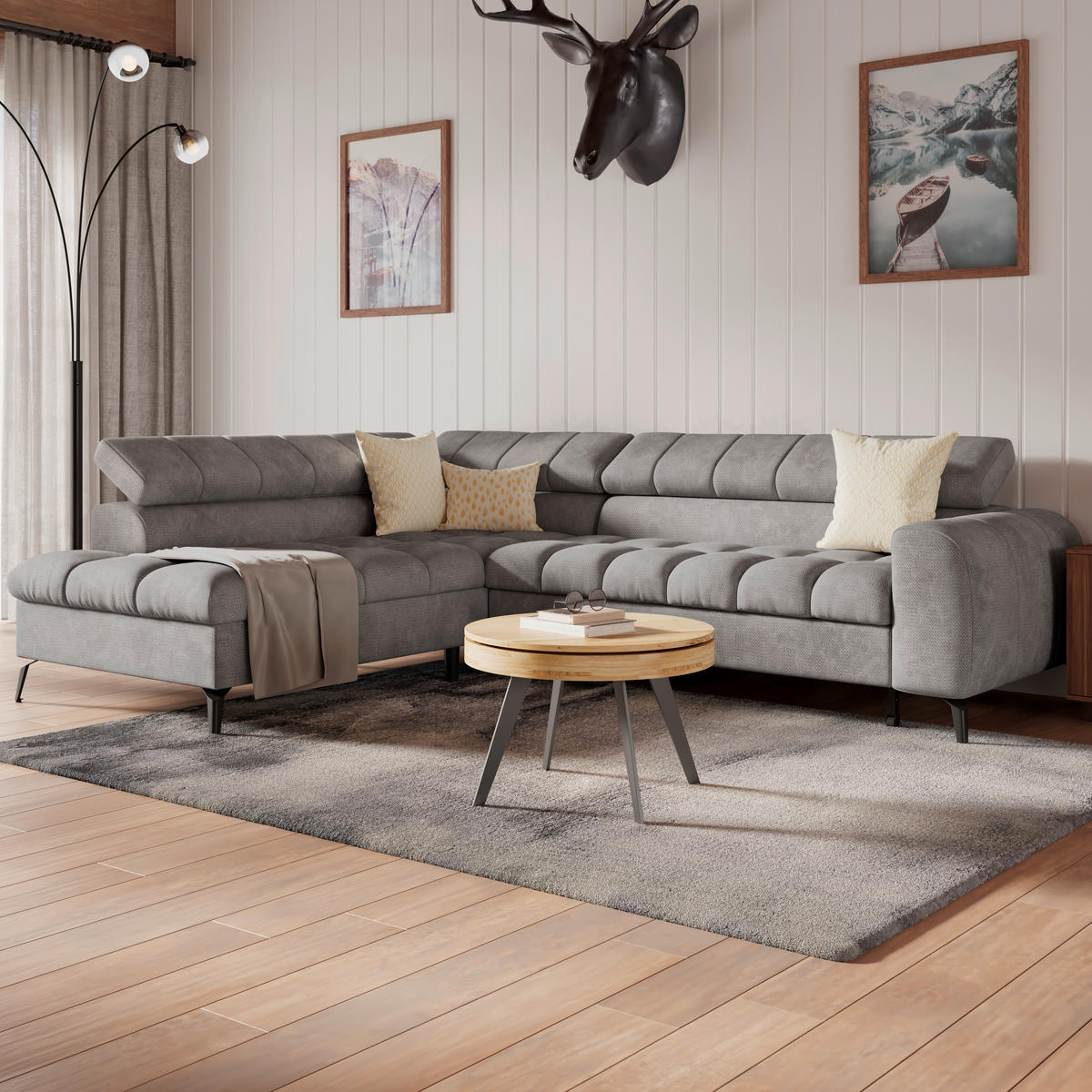 ECKSOFA Hellgrau  - Hellgrau/Schwarz, Trend, Kunststoff/Textil (203/261cm) - Livetastic
