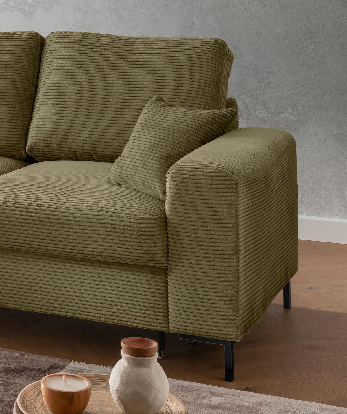 ECKSCHLAFSOFA  mit Rücken echt Cord Olivgrün  - Schwarz/Olivgrün, KONVENTIONELL, Textil/Metall (143/237cm) - Livetastic