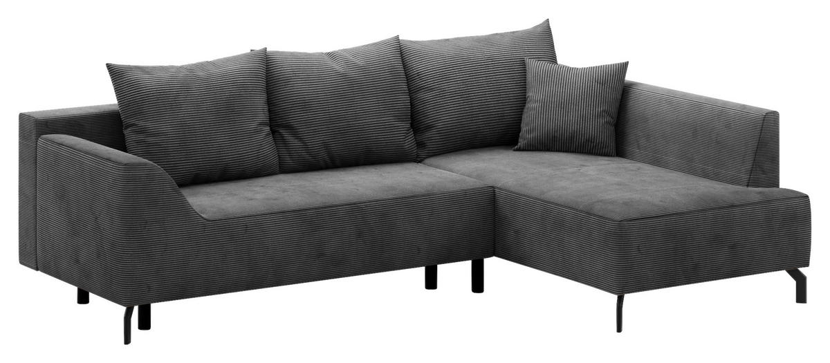 ECKSCHLAFSOFA  mit Bettkasten erhältlich, seitenverkehrt erhältlich, Schlafen auf Sitzhöhe, Bettfunktion erhältlich, Rücken echt Cord Silberfarben  - Silberfarben/Schwarz, Design, Textil/Metall (273/167cm) - MID.YOU