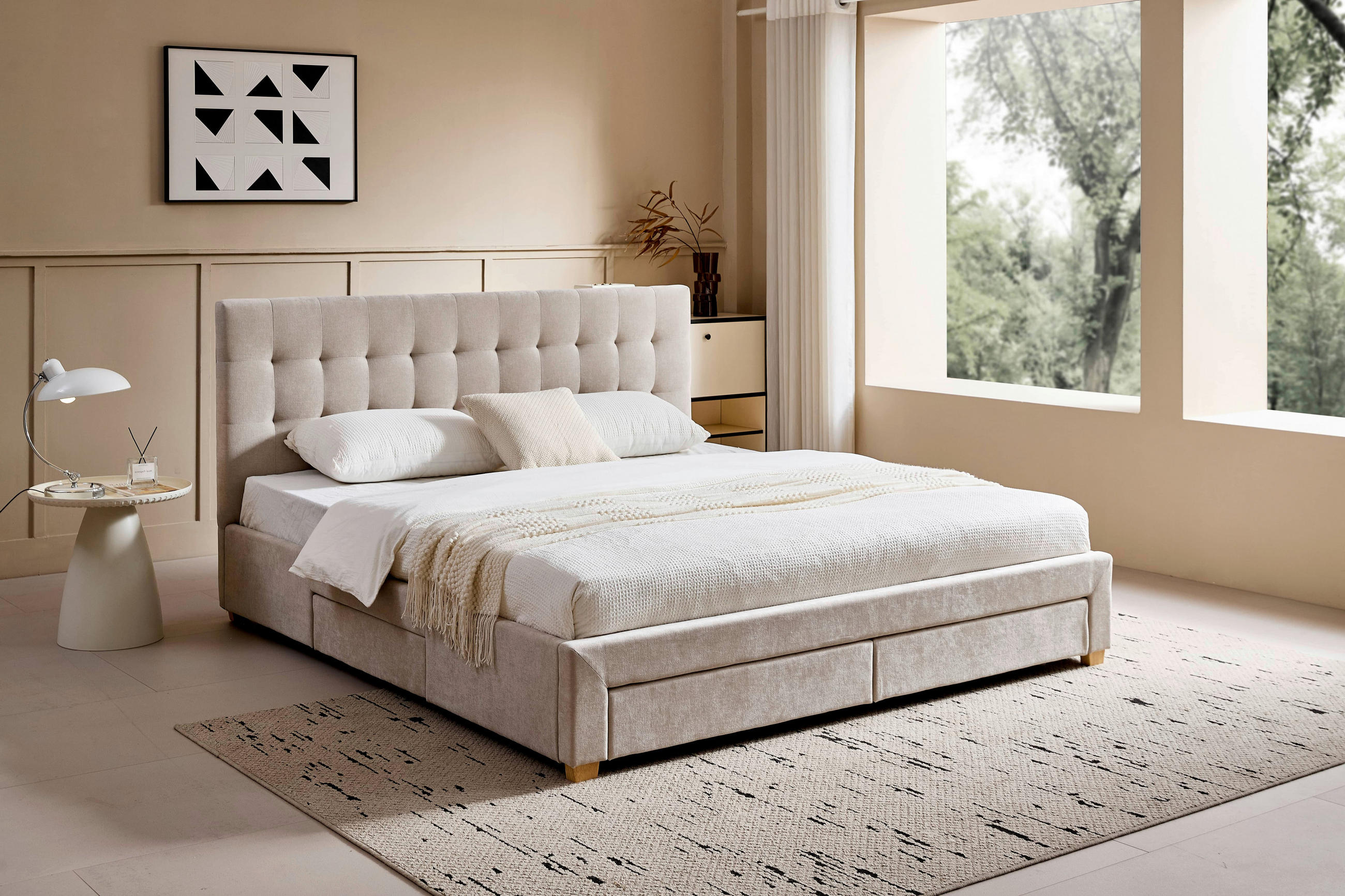 POLSTERBETT 140/200 cm, inkl. gepolstertes Kopfteil, Lattenrost, Bettschubladen,  in Beige  - Beige/Naturfarben, Design, Holz/Textil (140/200cm) - Boxxx