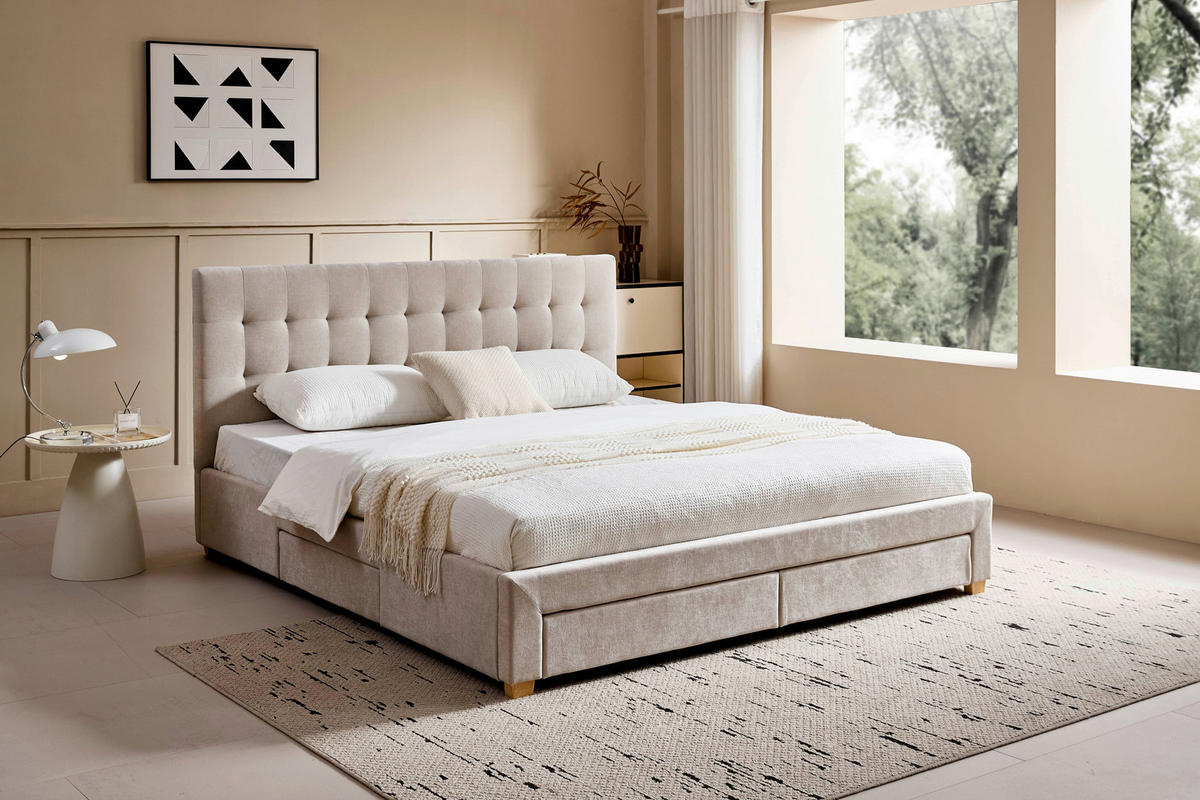 POLSTERBETT 140/200 cm, inkl. gepolstertes Kopfteil, Lattenrost, Bettschubladen,  in Beige  - Beige/Naturfarben, Design, Holz/Textil (140/200cm) - Boxxx