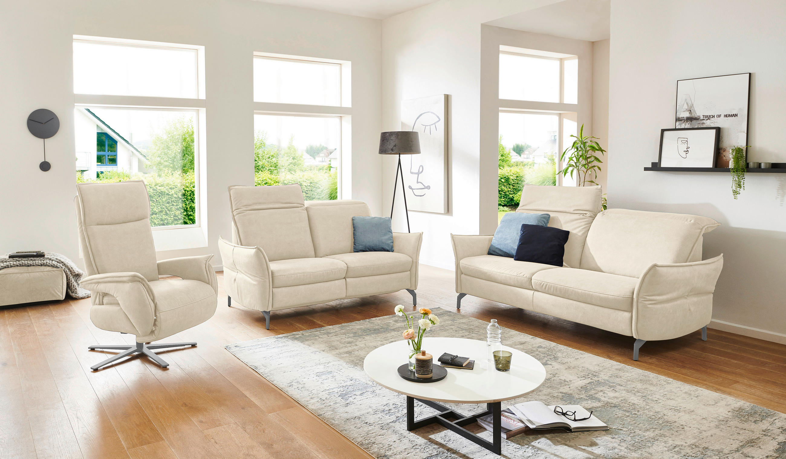 Thumbnail - Livetastic 2,5-Sitzer, Ecru, Textil, 185x89x109 cm, Made in EU, Hocker erhältlich, motorische Relaxfunktion, Armteil lin...