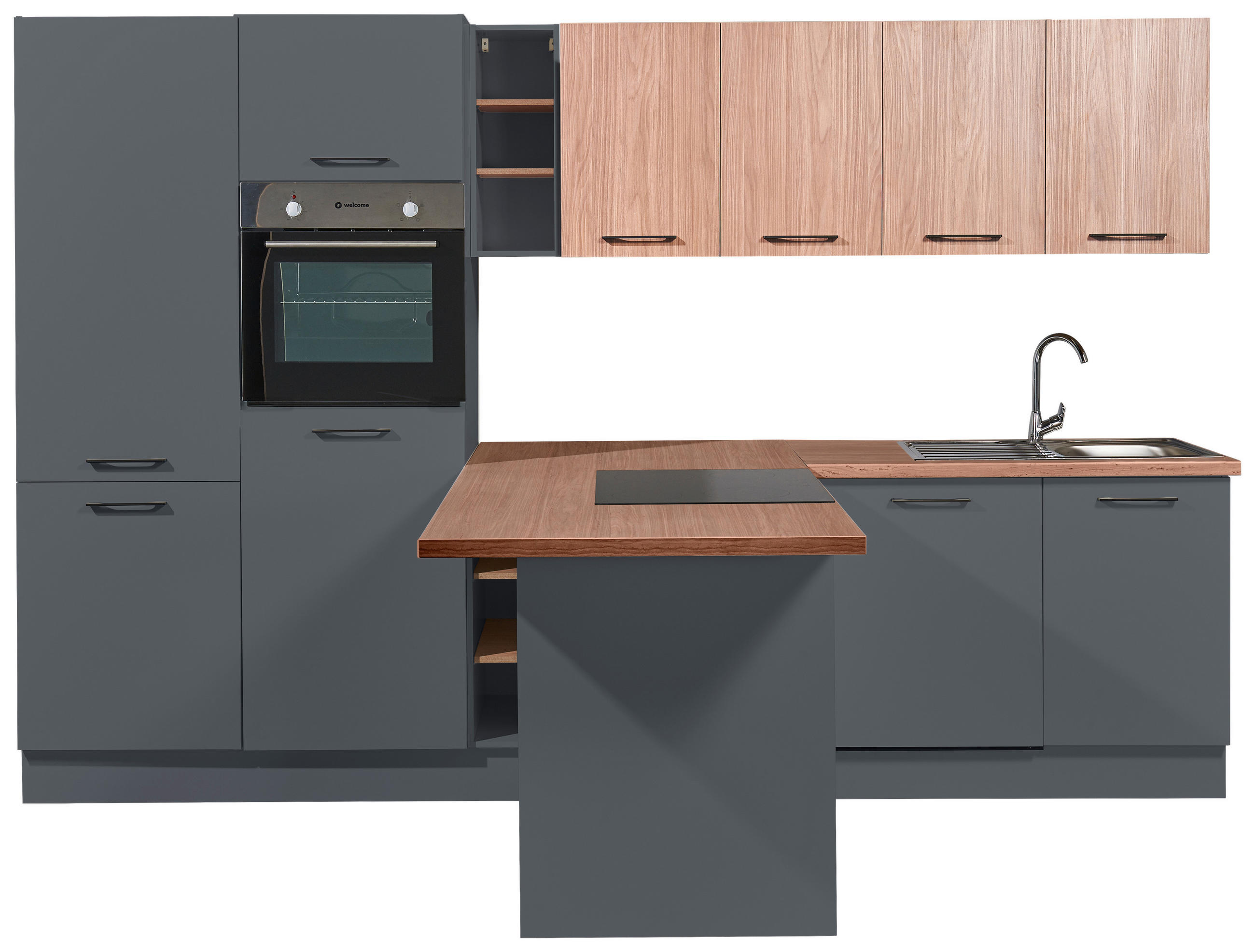 Thumbnail - Mid.you Eckküche Girona, Graphit, Walnuss, Metall, 2 Schublade(n) Schubladen, seitenverkehrt montierbar, nur wie online ...