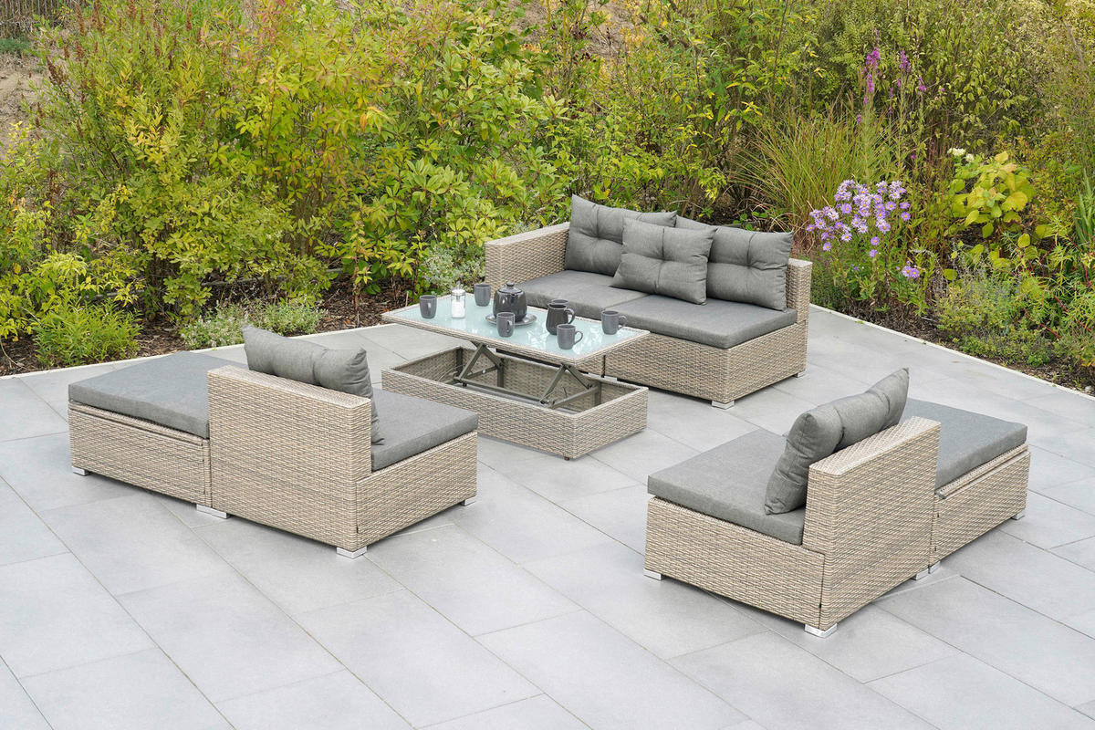 LOUNGEGARNITUR 7-teilig   Stahl  - Naturfarben/Grau, MODERN, Glas/Kunststoff - Gardenson