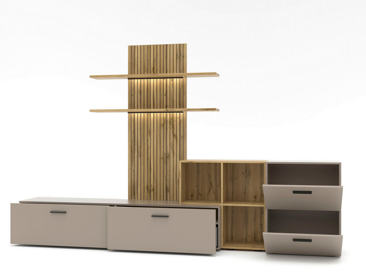 WOHNWAND  in Eichefarben, Greige 296/190/40 cm  - Greige/Eichefarben, Modern, Holzwerkstoff/Kunststoff (296/190/40cm) - Carryhome