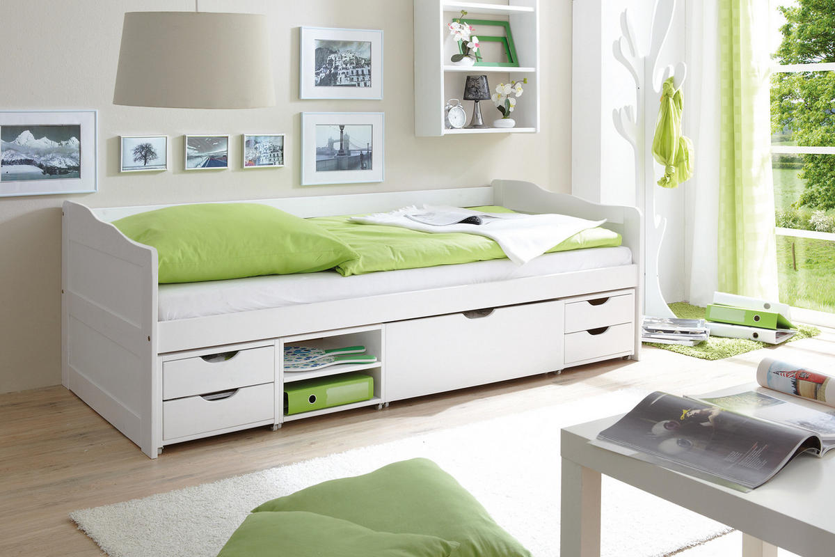 STAURAUMBETT 90/200 cm  in Weiss   - Weiss, Modern, Holz (90/200cm) - MID.YOU