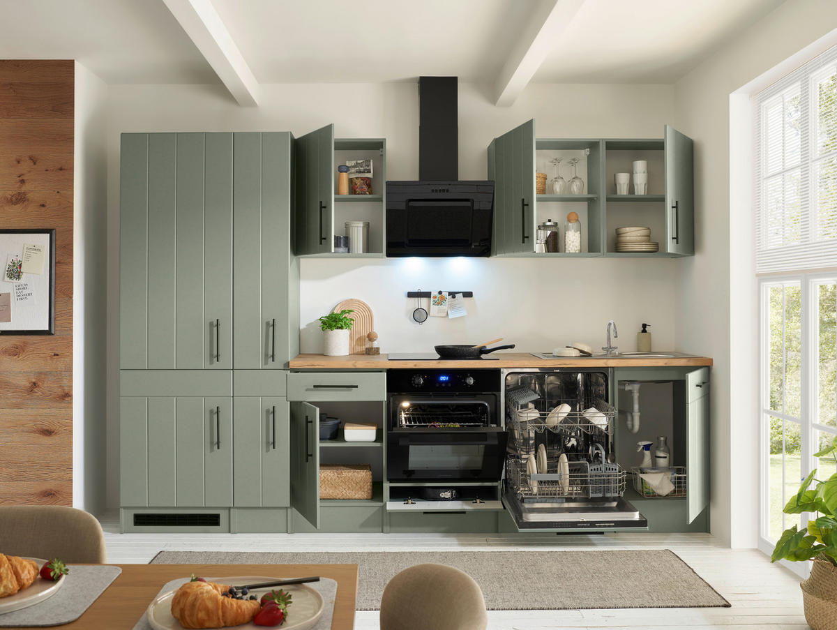 KÜCHENBLOCK 310 cm   in Wildeiche, Schilfgrün  - Schilfgrün/Wildeiche, Trend, Holzwerkstoff/Metall (310cm) - Respekta