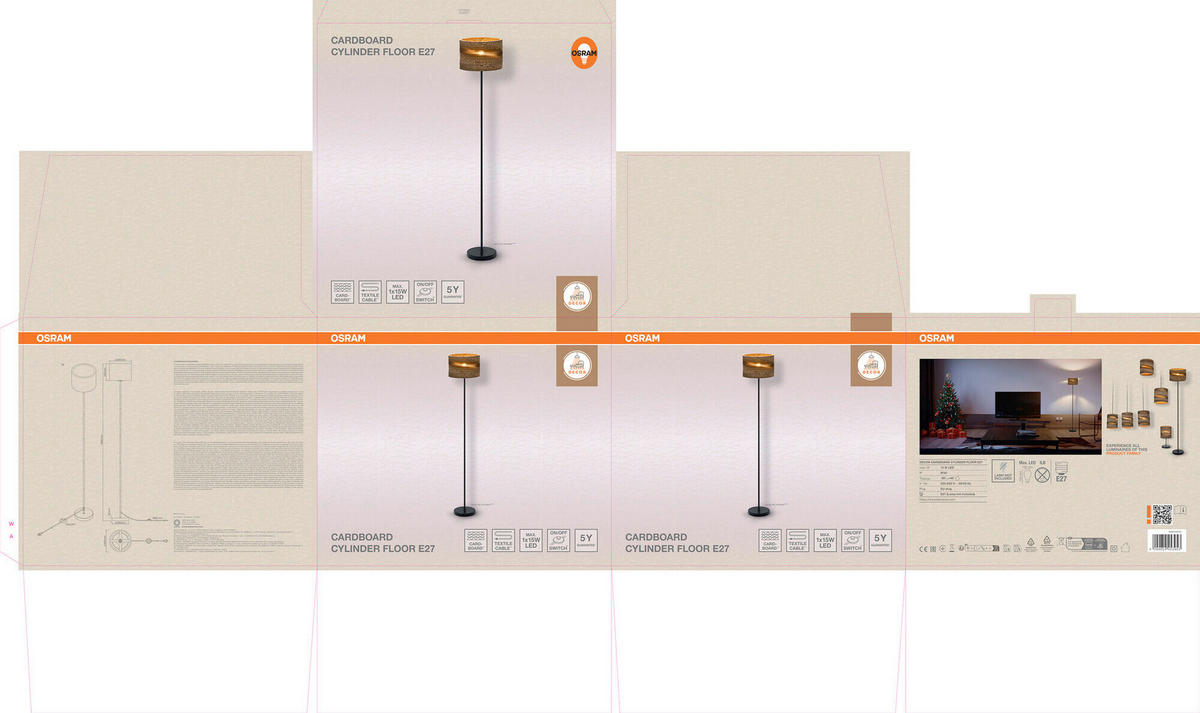 STEHLEUCHTE 30/160 cm    - Braun, Natur, Karton/Metall (30/160cm) - Osram