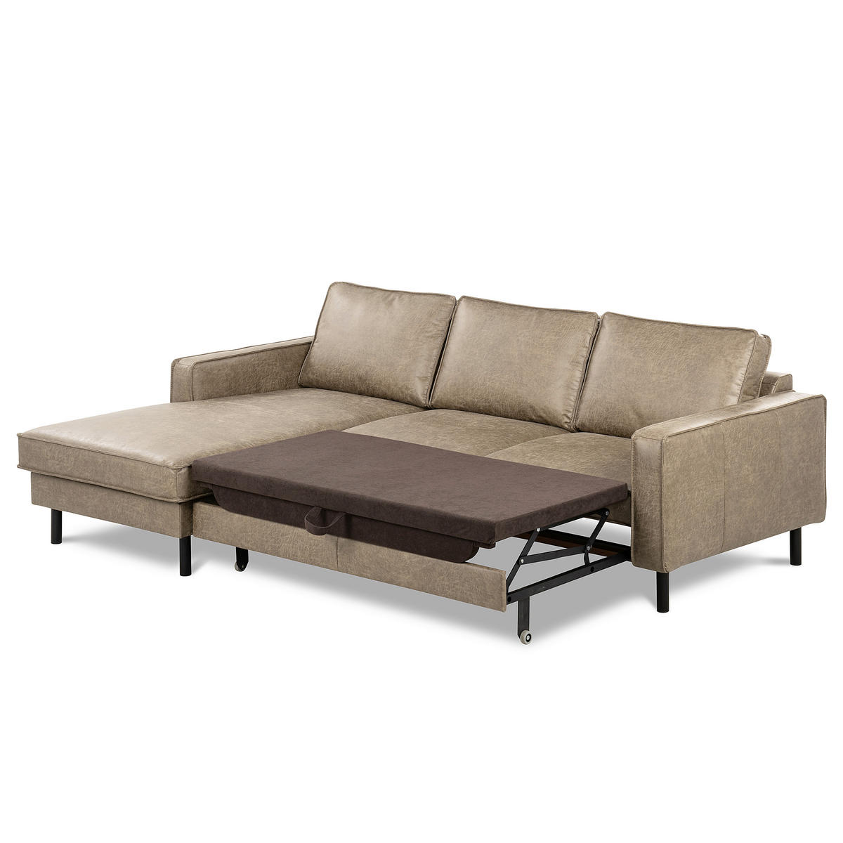 ECKSOFA Hellgrau Echtleder Lederlook Bettkasten, Schlaffunktion, Rücken echt  - Hellgrau/Schwarz, Design, Leder/Textil (166/238cm) - Livetastic