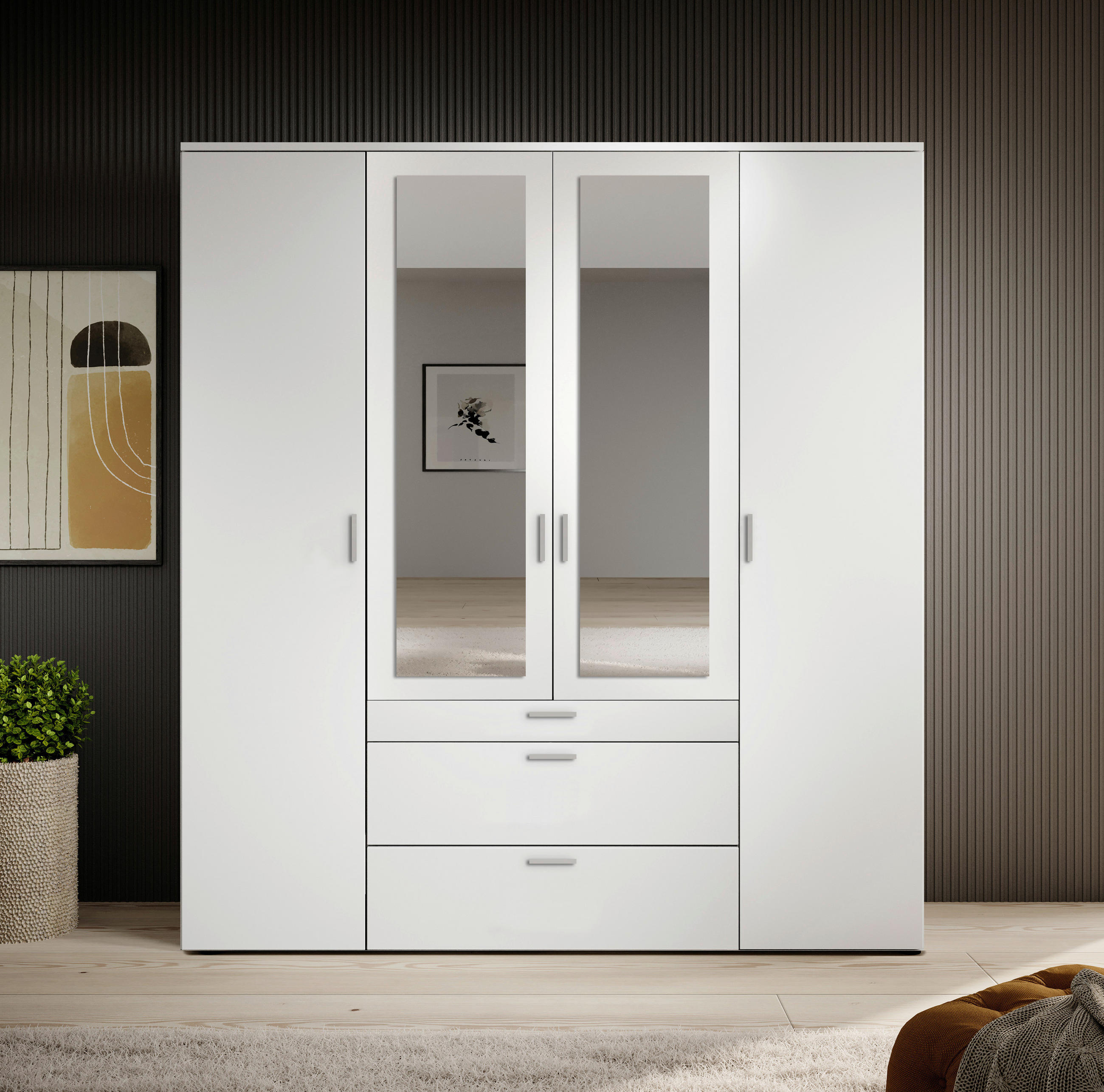 DREHTÜRENSCHRANK 180/195/56 cm 4-türig Weiß  - Alufarben/Weiß, MODERN, Glas/Holzwerkstoff (180/195/56cm) - Livetastic