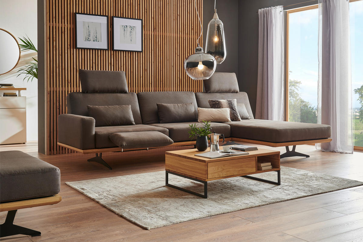 ECKSOFA Braun Flachgewebe  - Schwarz/Braun, Natur, Holz/Textil (326/170cm) - Novel