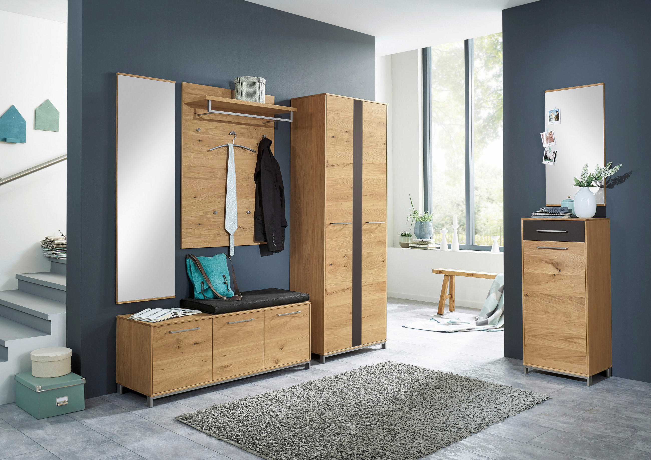 SCHUHSCHRANK Eiche, Balkeneiche furniert, teilmassiv Anthrazit, Eichefarben - Edelstahlfarben/Eichefarben, Natur, Glas/Holz (44/105/37cm)