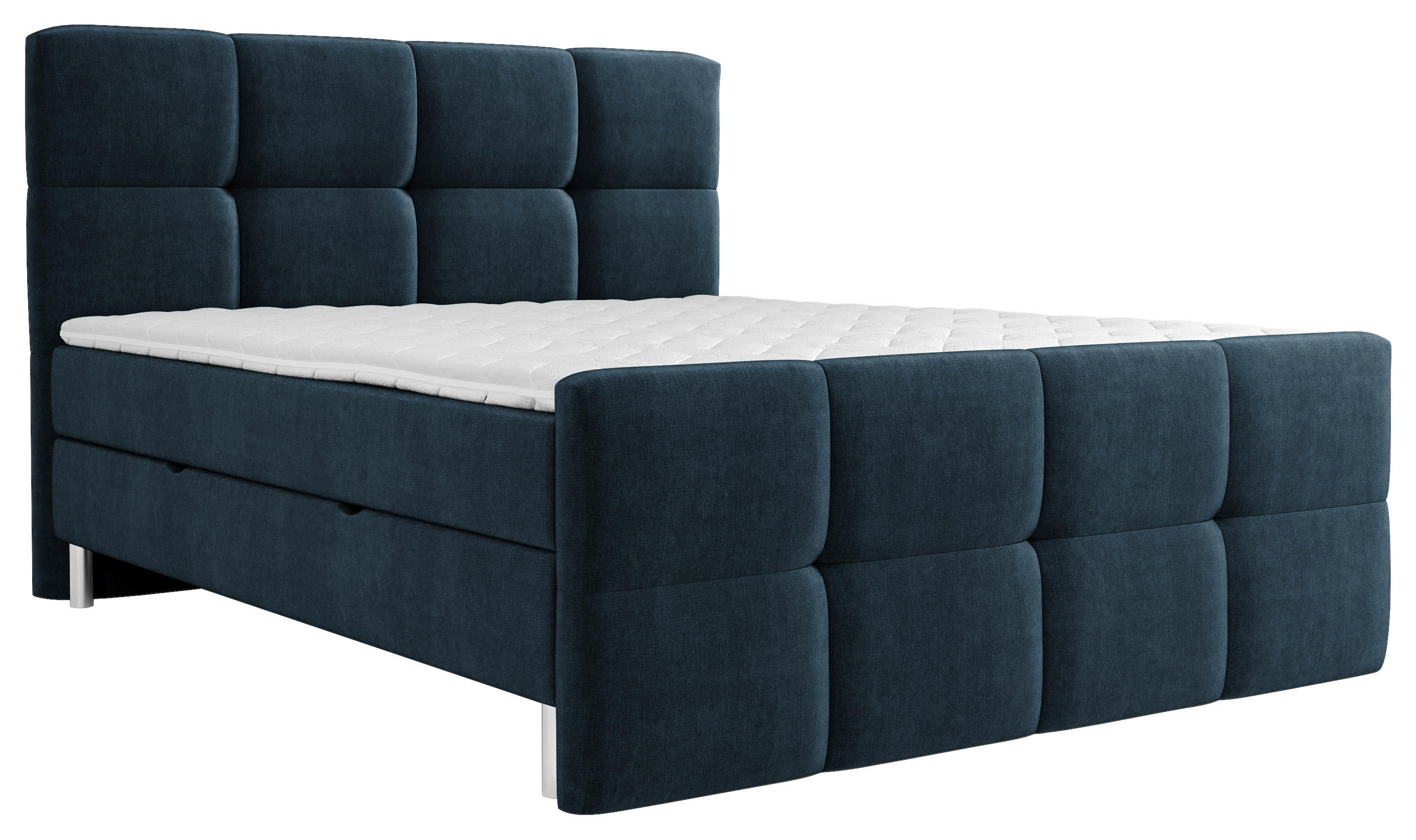 BOXBETT 140/200 cm,  in Dunkelblau, gepolstertes Kopfteil, Bettkasten, Topper, H3 = fest  - Chromfarben/Dunkelblau, Design, Holz/Holzwerkstoff (140/200cm) - Esposa