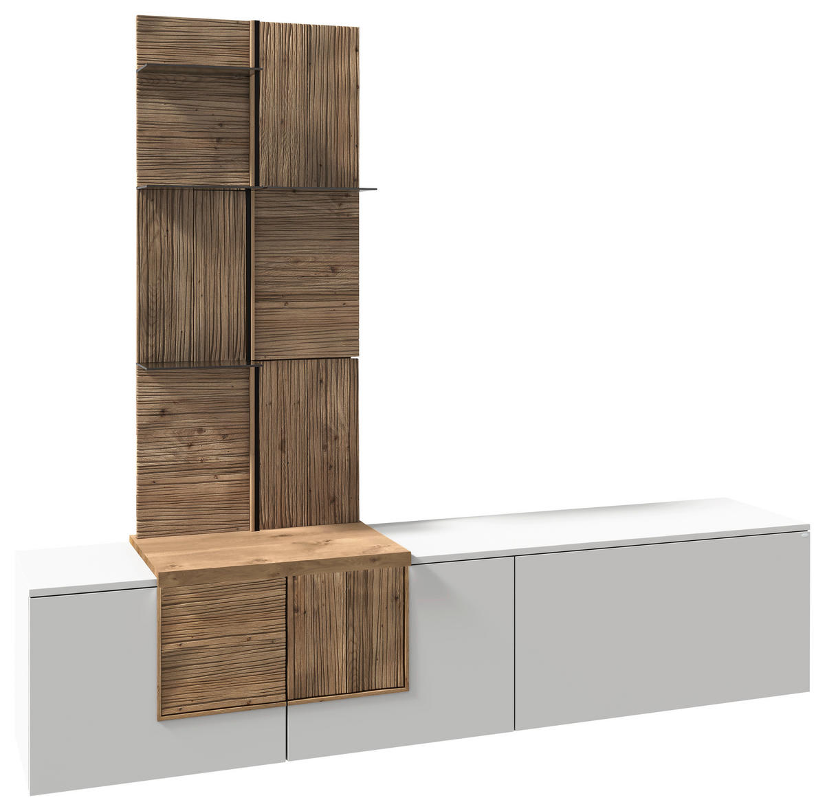 WOHNWAND VLACERA LIVING  in Weiß, Wildeiche  224/198/45 cm  - Wildeiche/Weiß, Design, Glas/Holz (224/198/45cm) - Voglauer