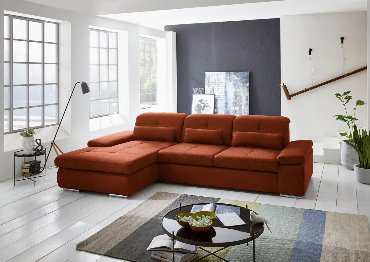 ECKSOFA  in Flachgewebe Terracotta  195/309 cm  - Chromfarben/Terracotta, Design, Textil (195/309cm) - Beldomo Style