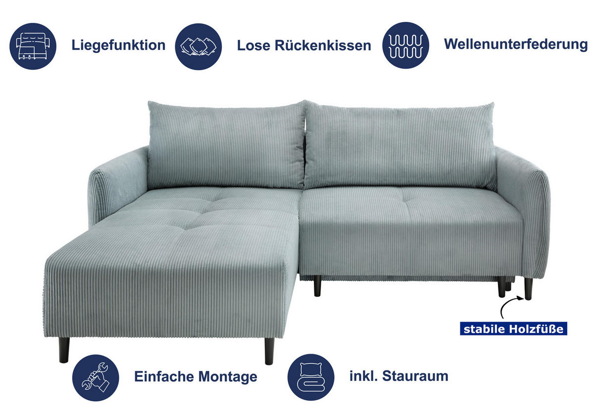 ECKSCHLAFSOFA in Cord Koralle  - Koralle/Schwarz, Basics, Holz/Textil (238/174cm) - Livetastic