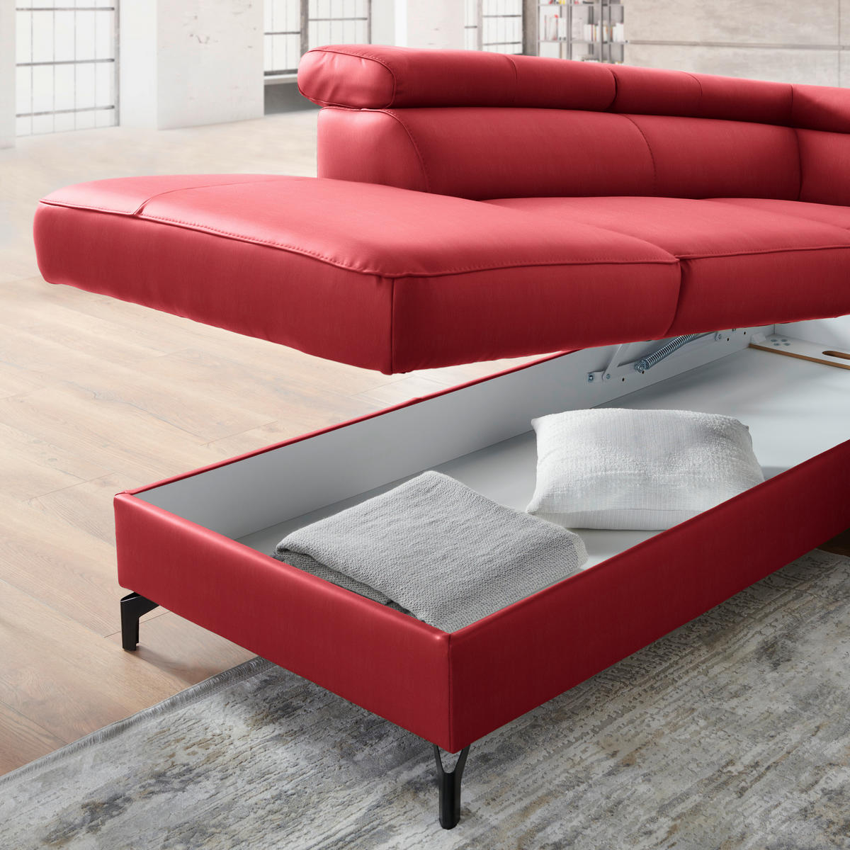 ECKSOFA in Lederlook Kombination Echtleder/Lederlook Rot  - Rot/Schwarz, Design, Leder/Textil (220/256cm) - Celina Home