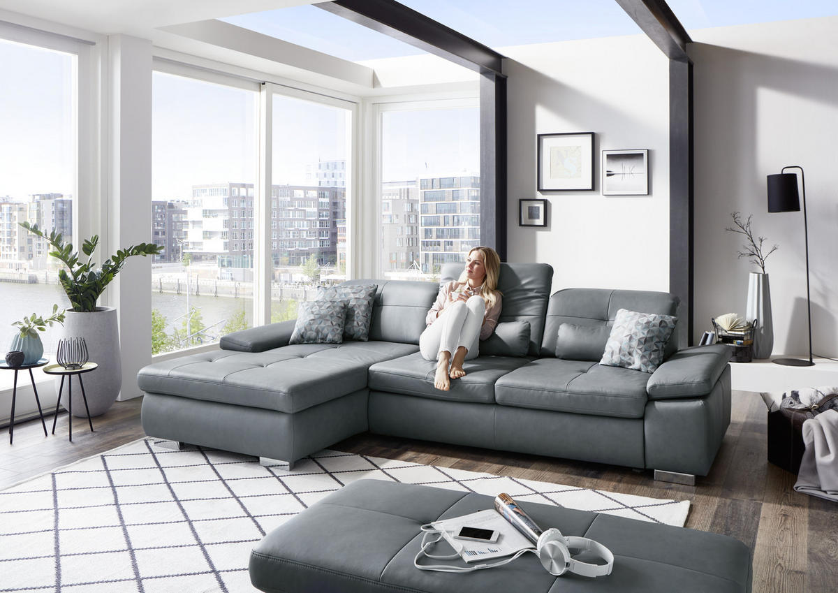 ECKSOFA in Echtleder Grau  - Alufarben/Grau, Design, Leder/Metall (195/309cm) - Beldomo Premium