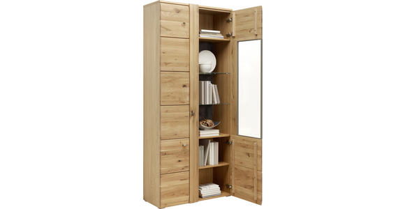 VITRINE Eiche furniert, massiv Eichefarben, Schieferfarben - Schieferfarben/Eichefarben, KONVENTIONELL, Glas/Holz (89/205/38cm) - Voleo