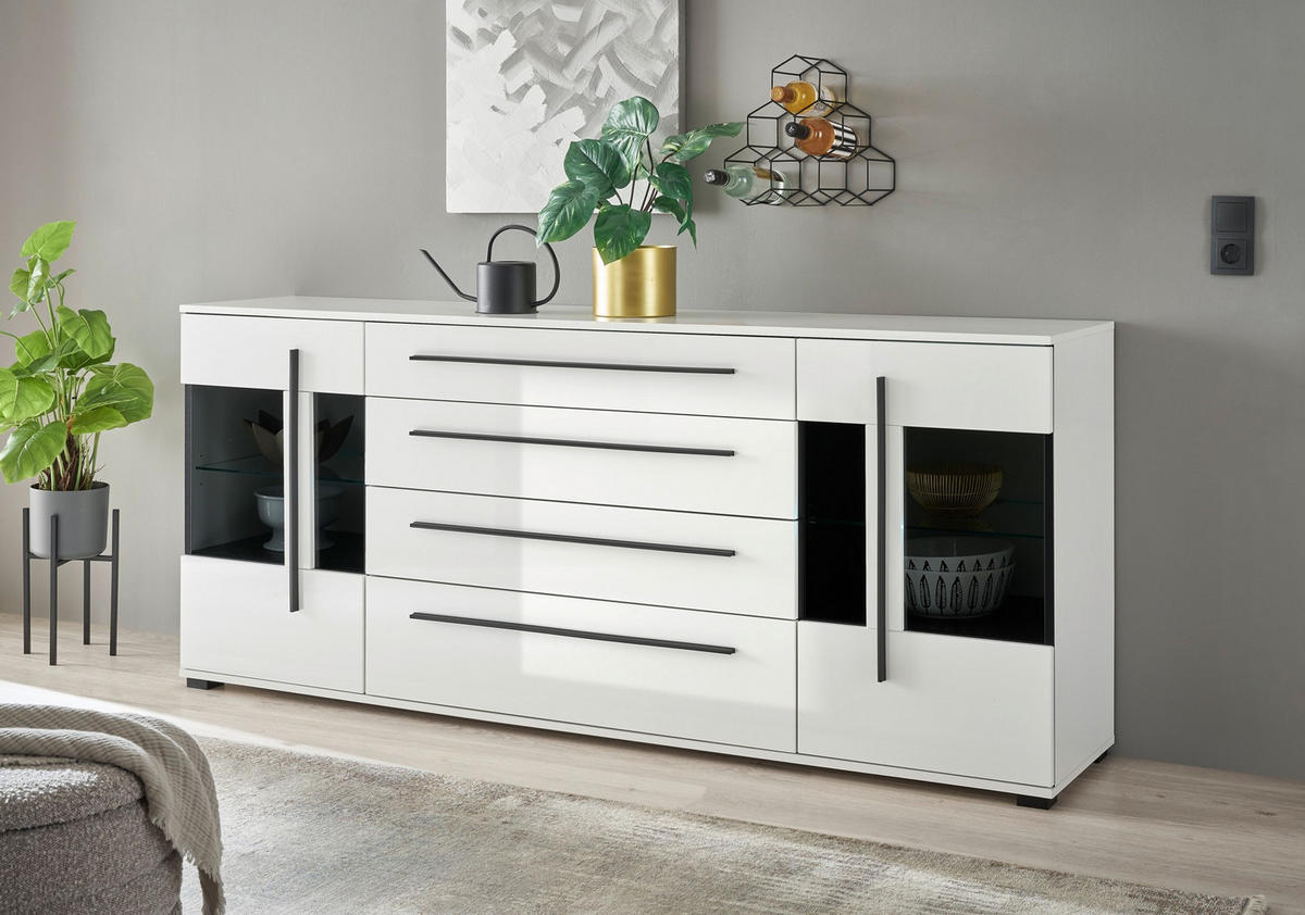 SIDEBOARD  200/86/42 cm 4 Schublade(n)  - Weiß Hochglanz/Schwarz, Design, Glas/Holzwerkstoff (200/86/42cm) - Livetastic