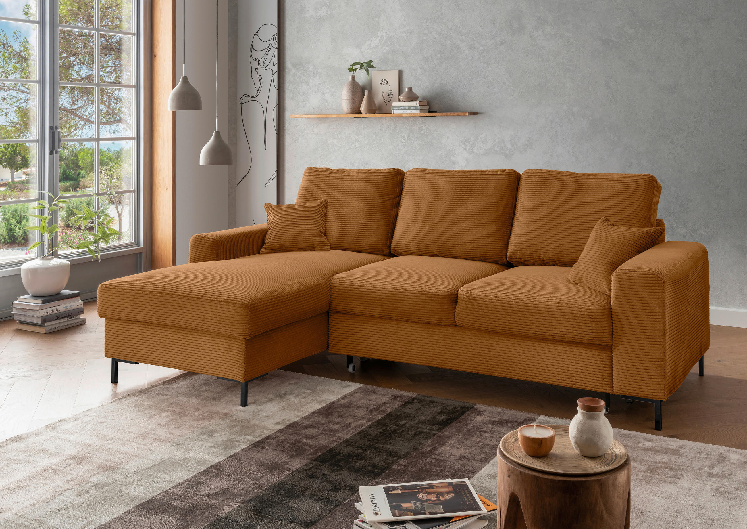 ECKSCHLAFSOFA in Cord Goldfarben  - Goldfarben/Schwarz, KONVENTIONELL, Textil/Metall (143/237cm) - Livetastic