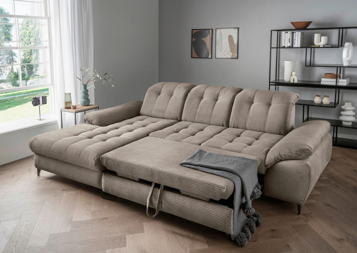 ECKSCHLAFSOFA  mit seitenverkehrt erhältlich, Rücken echt, Armteil links, Armteil rechts Cord Graubraun  - Graubraun/Schwarz, MODERN, Textil/Metall (189/273cm) - Livetastic