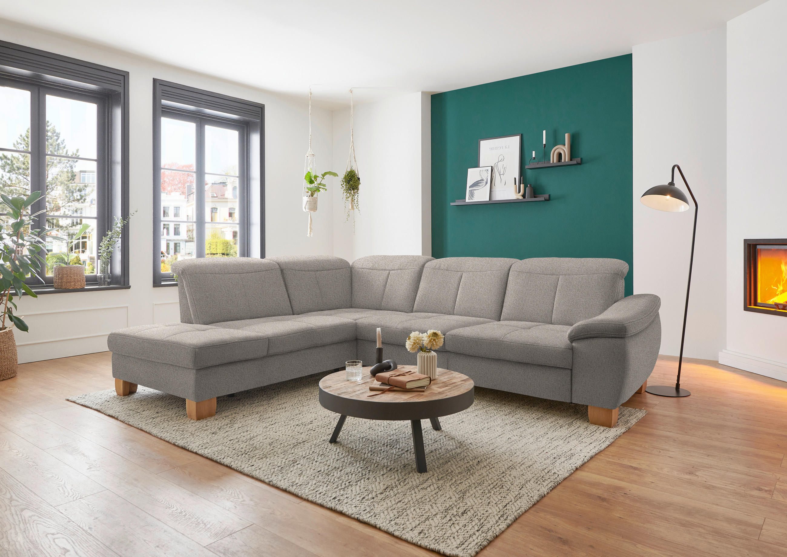 ECKSOFA in Flachgewebe Hellbraun  - Wildeiche/Hellbraun, Natur, Holz/Textil (243/301cm) - Voleo