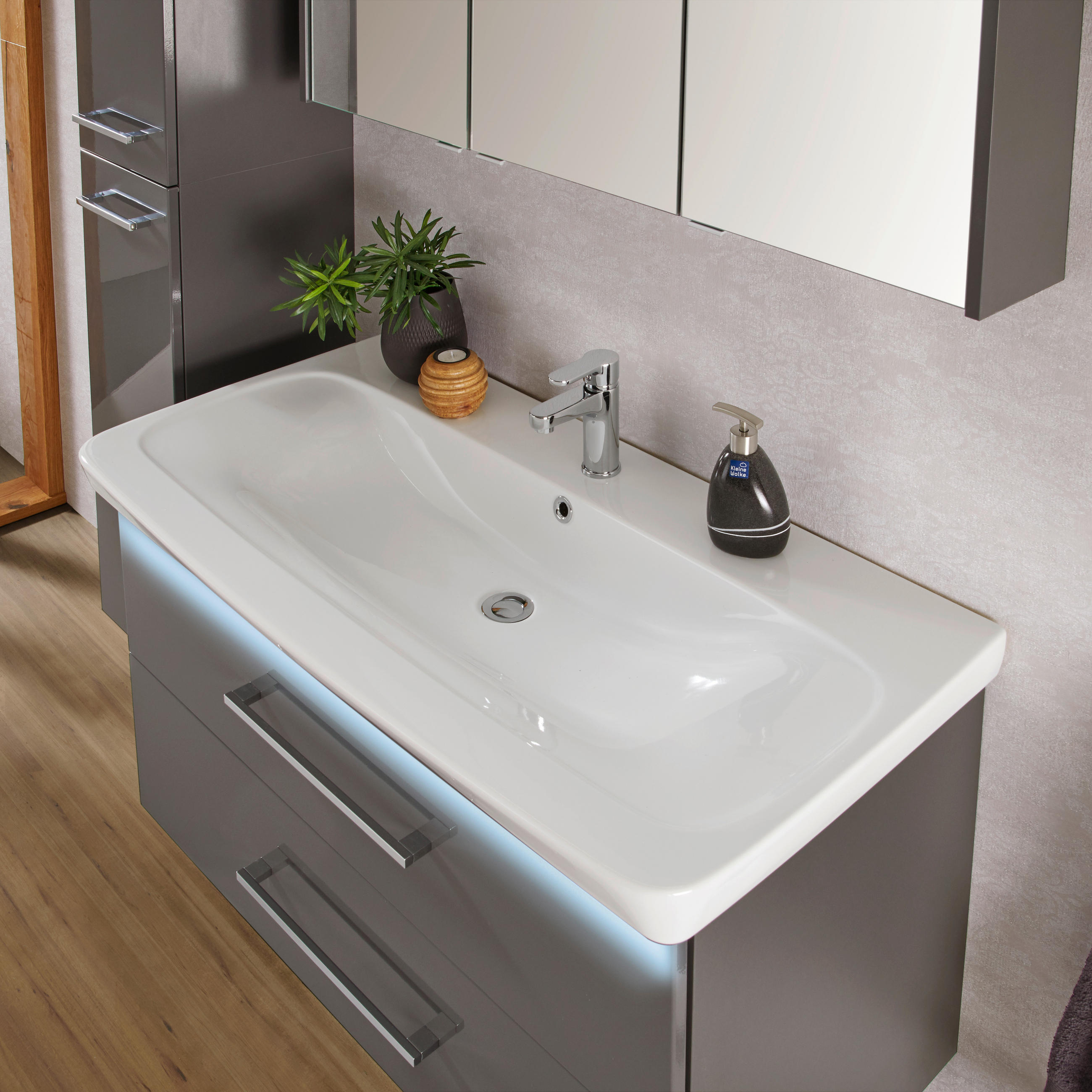 Thumbnail - Voleo Waschtischkombi Lara, Anthrazit, Weiß, Chrom, Metall, 2 Schubladen, 89 cm, Zusatzausstattung erhältlich, hängend, ...