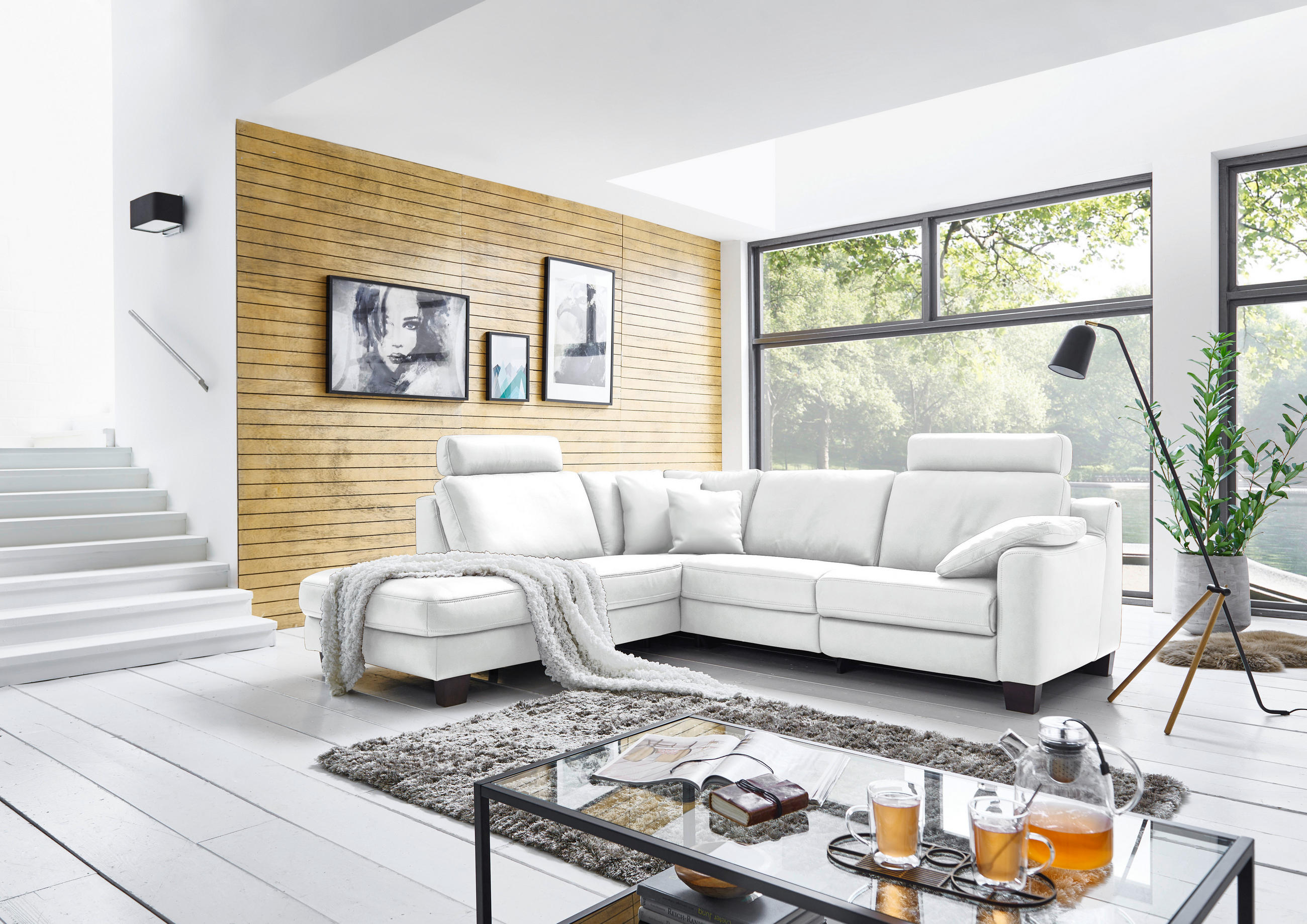 ECKSOFA in Echtleder Weiss  - Weiss/Eichefarben, Design, Leder/Holz (235/259cm) - Valdera