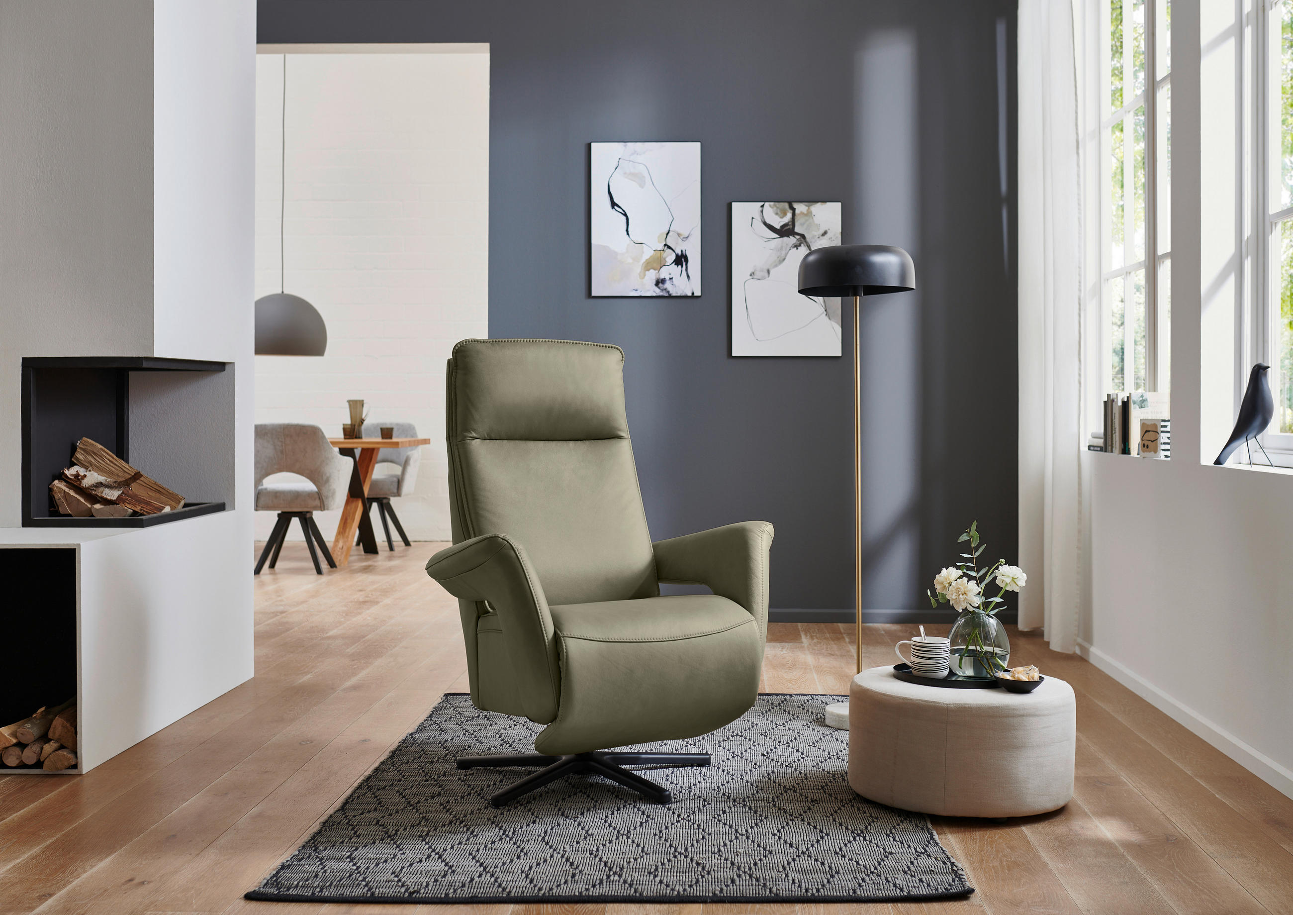 RELAXSESSEL in Leder Grau, Grün  - Schwarz/Grau, Design, Leder/Metall (83/112/87-174cm) - Valdera