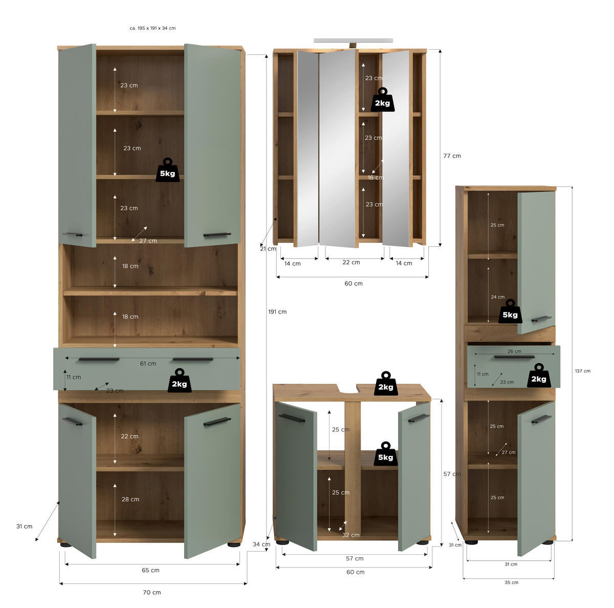 BADEZIMMER 5-teilig  in 145 cm  - Salbeigrün/Schwarz, Trend, Glas/Holzwerkstoff (145cm) - MID.YOU
