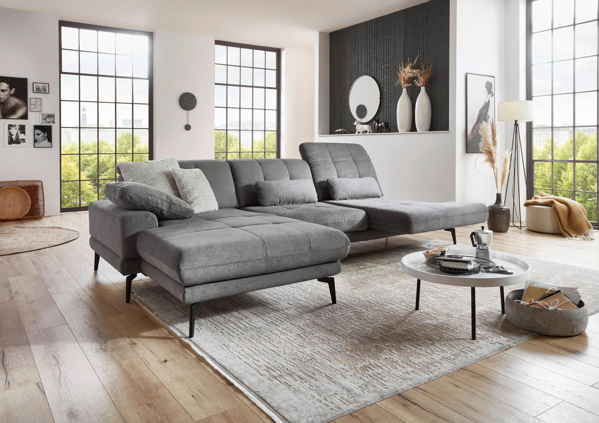 ECKSOFA in Flachgewebe Grau  - Schwarz/Grau, Design, Textil/Metall (190/309cm) - Beldomo Style