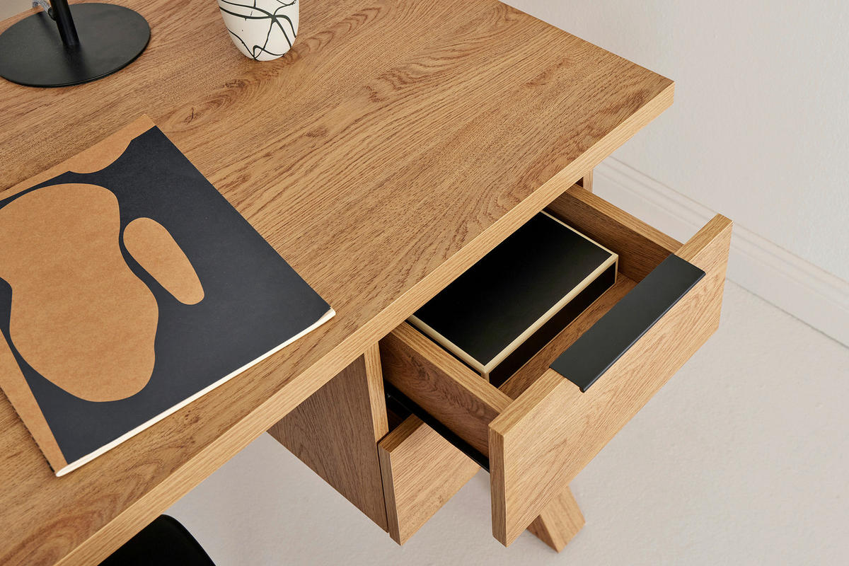 SCHREIBTISCH 146/59/76 cm  in Eichefarben  - Eichefarben/Anthrazit, Modern, Holzwerkstoff/Metall (146/59/76cm) - Livetastic