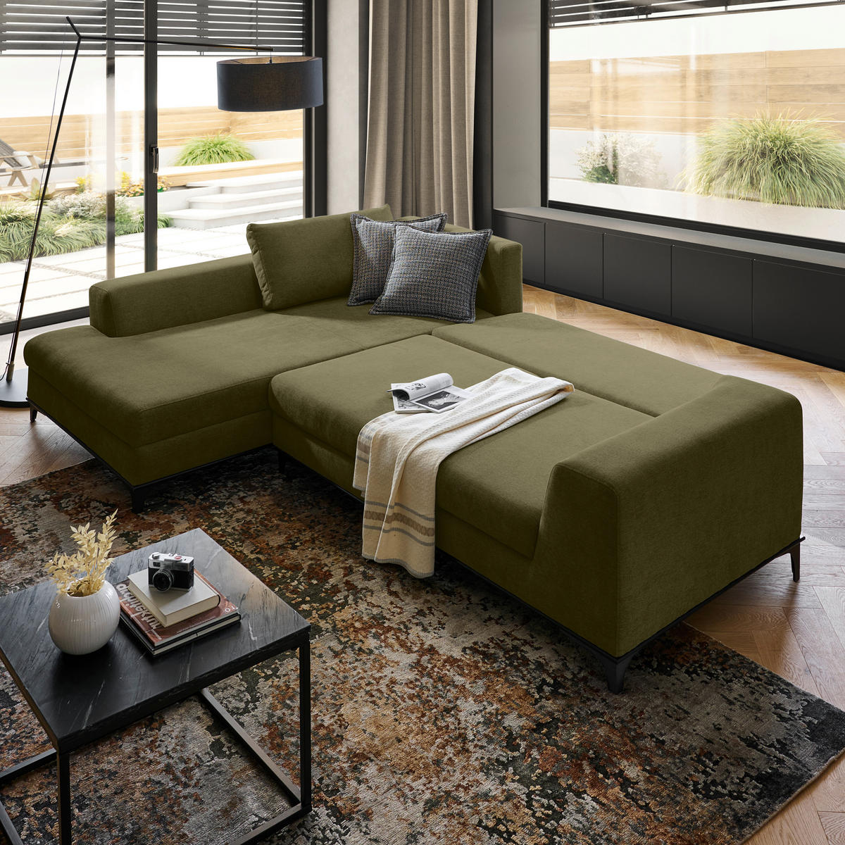 ECKSOFA inkl. Funktionen Olivgrün Webstoff Rückenkissen, Bettkasten, Schlaffunktion, Rücken echt  - Wengefarben/Schwarz, Design, Holz/Textil (211/314cm) - Stylife