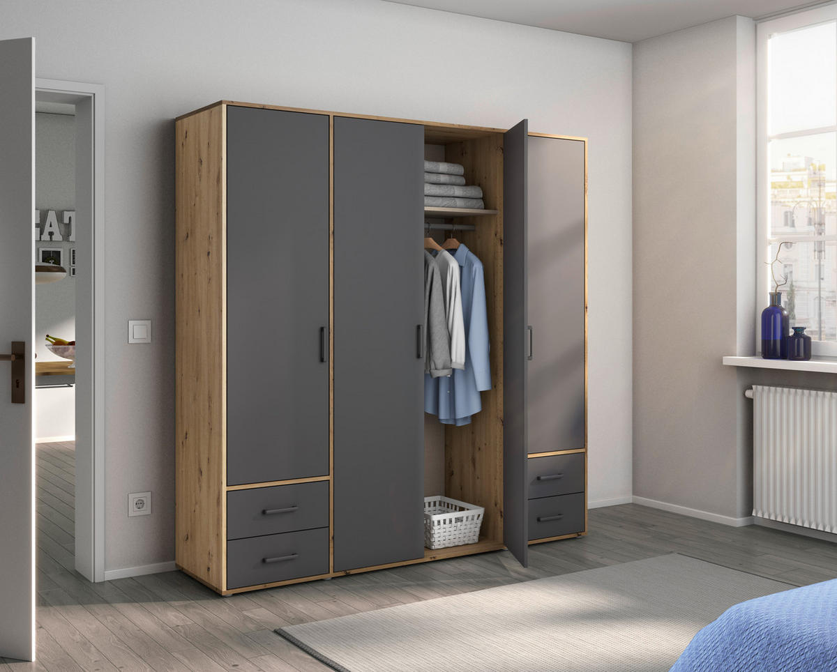 DREHTÜRENSCHRANK in Grau, Eiche Artisan  - Eiche Artisan/Grau, Modern, Holzwerkstoff/Kunststoff (187/194/53cm) - Rauch Möbel