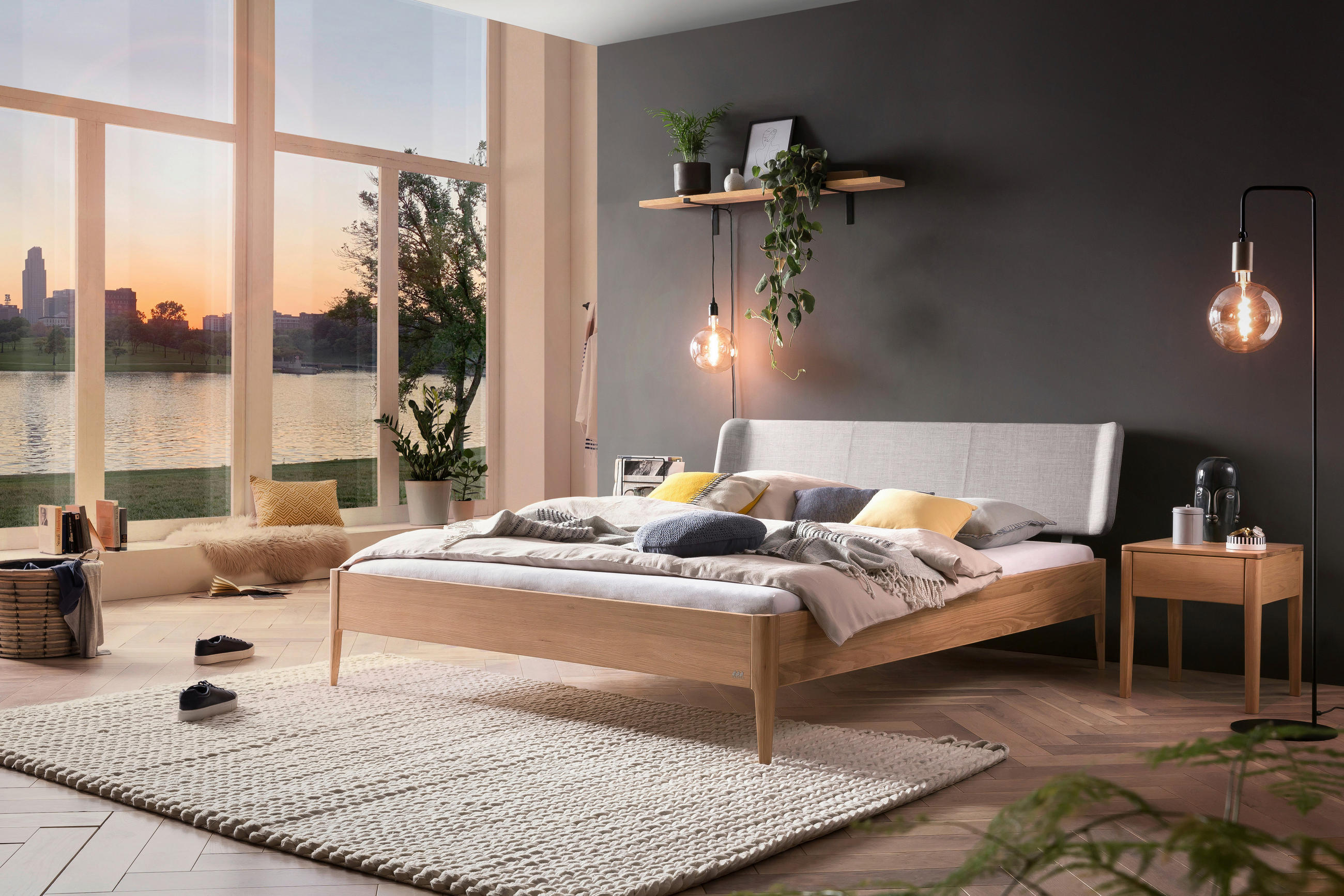 BETT 140/200 cm  in Eichefarben, Hellgrau   - Eichefarben/Hellgrau, Modern, Holz/Textil (140/200cm) - Hasena