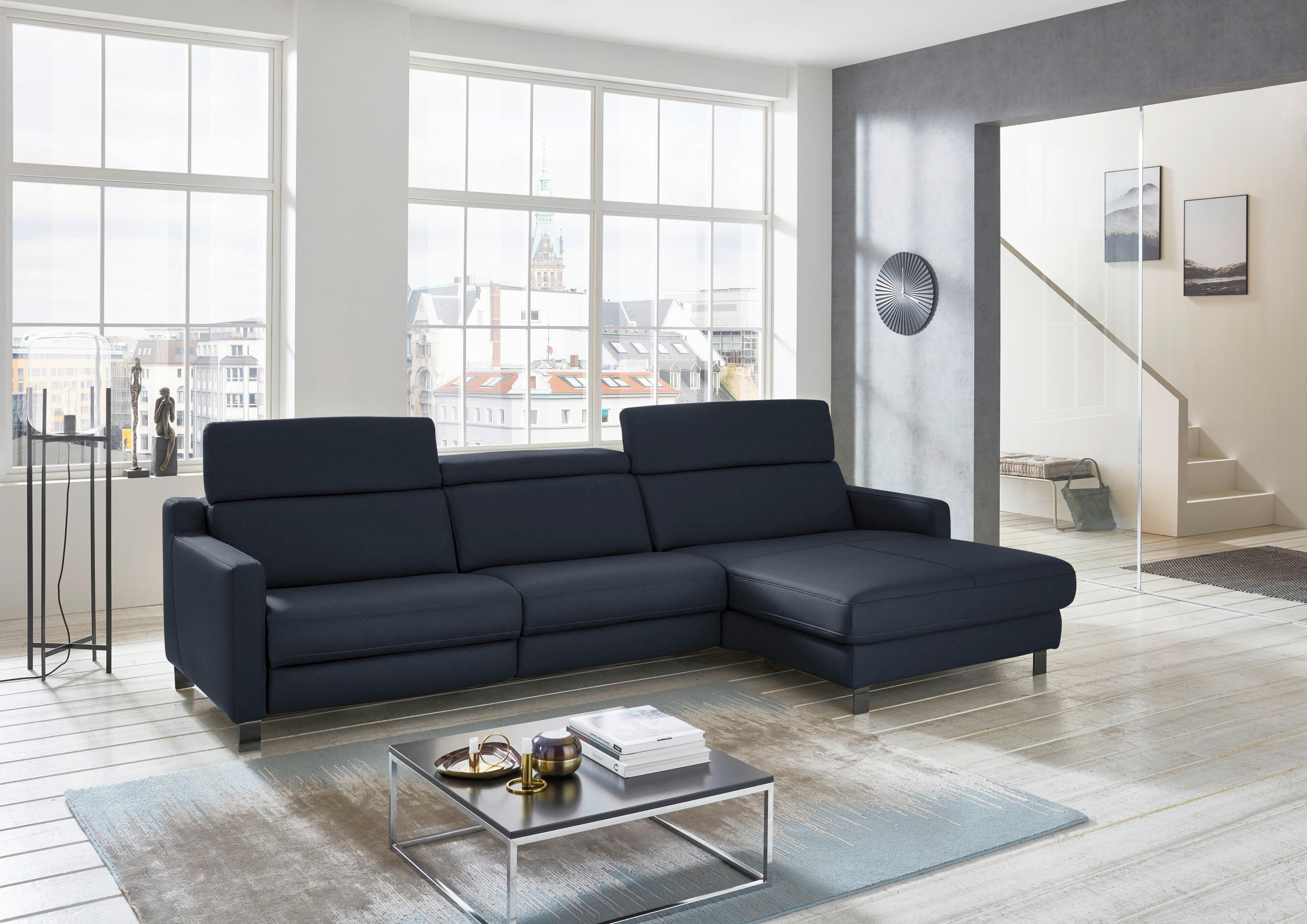 ECKSOFA in Echtleder Dunkelblau  - Schwarz/Dunkelblau, Design, Leder/Metall (291/176cm) - Valdera